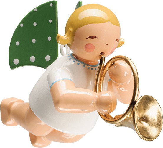 Engel mit Waldhorn, schwebend blondes Haar