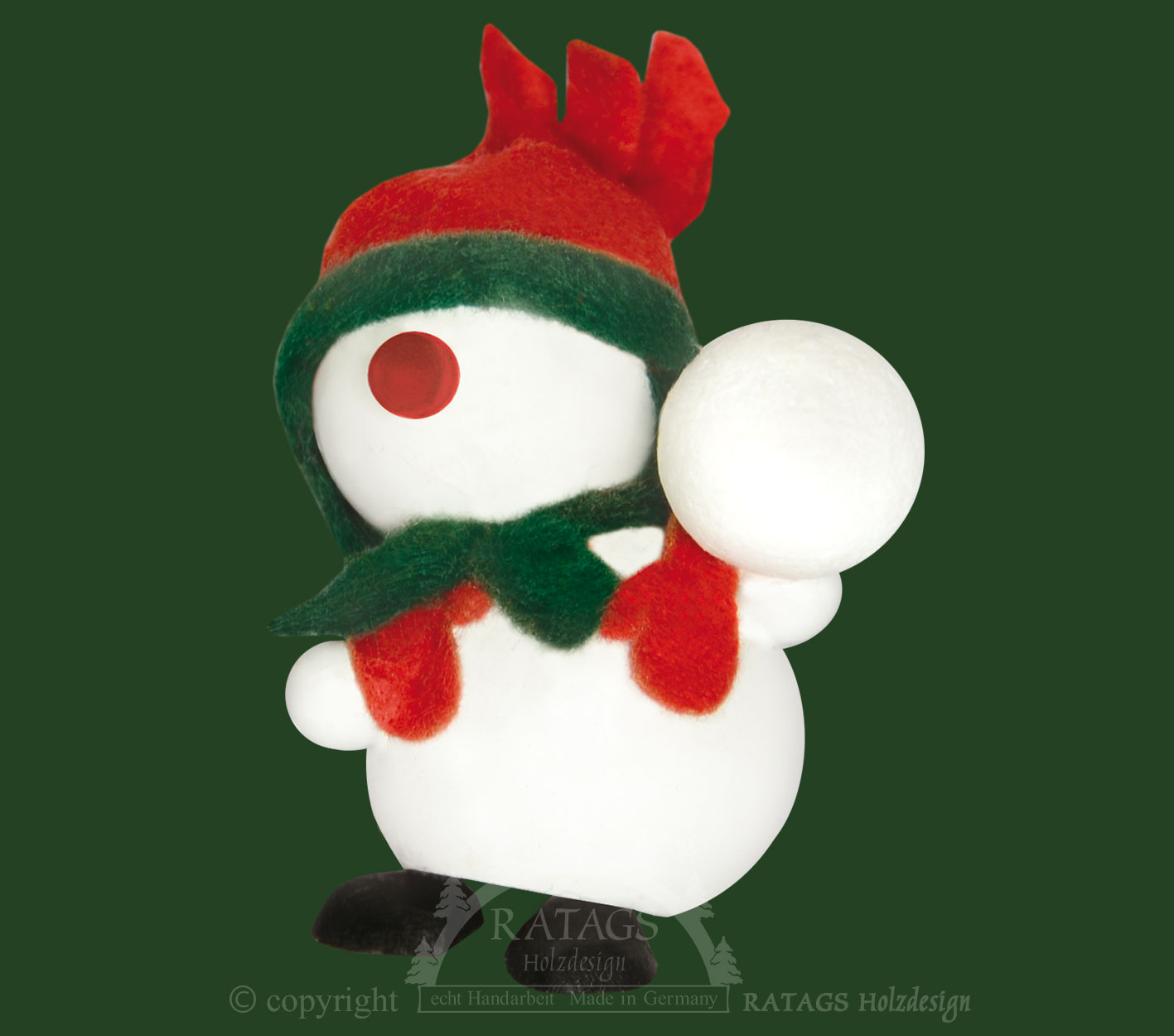 Schneemann mit Schneeball, rote Mütze