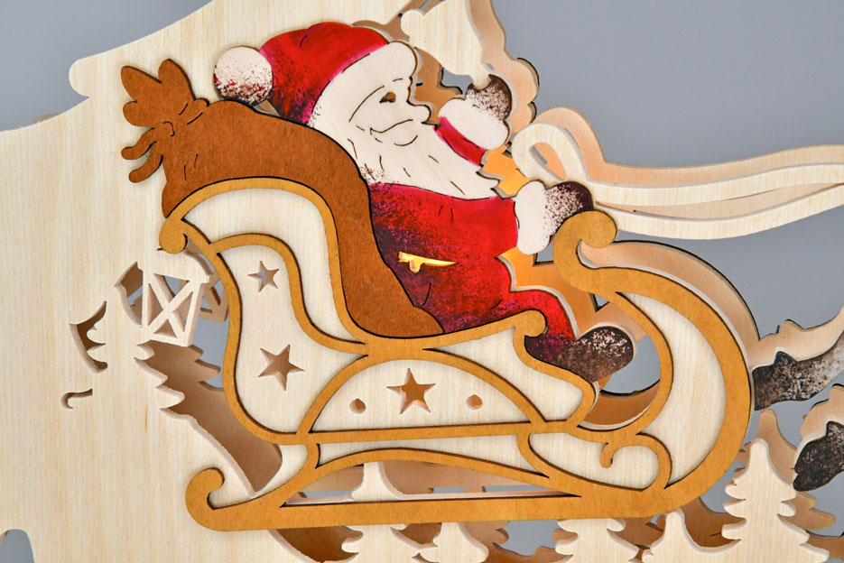 Large fir tree, Father Christmas with reindeer
