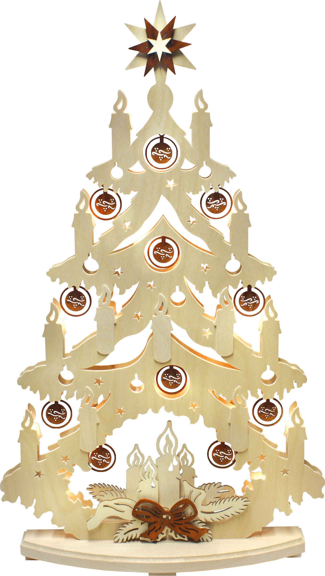 Large fir tree, tree baubles, brown, sawn brown, sawn