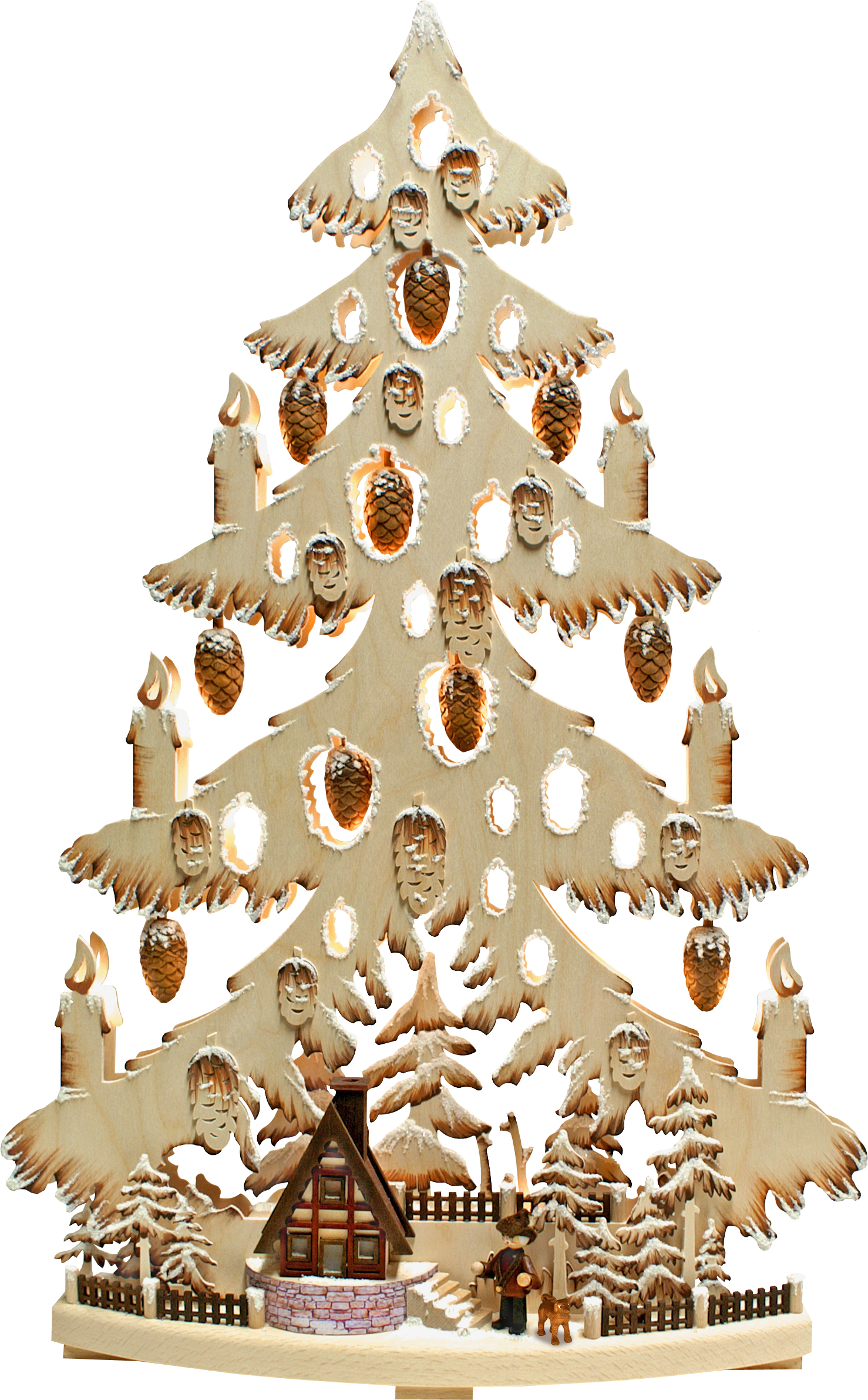 Large fir tree, forest hut, hoarfrost, hand-painted, brown