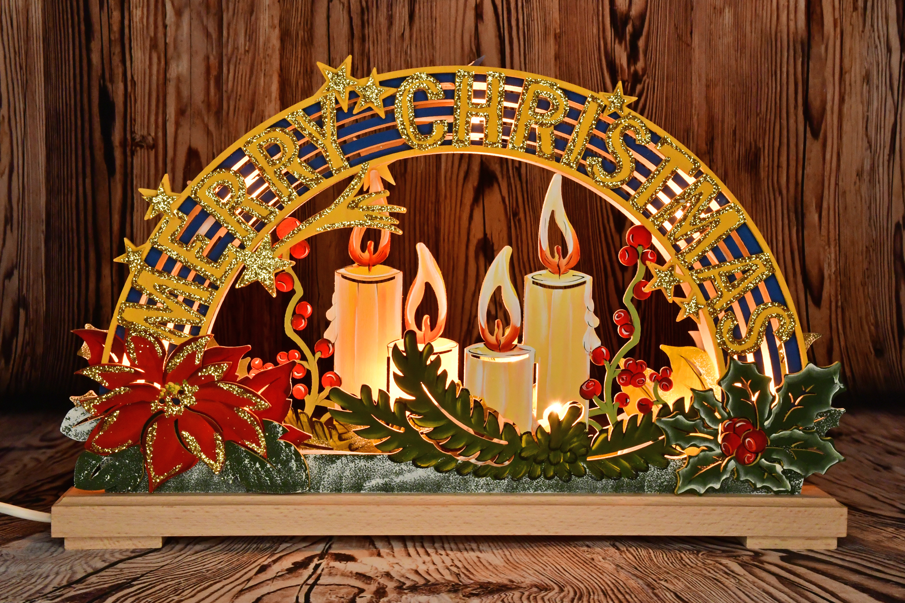 Schwibbogen kl., Merry Christmas, handbemalt winterlich, Goldglitter