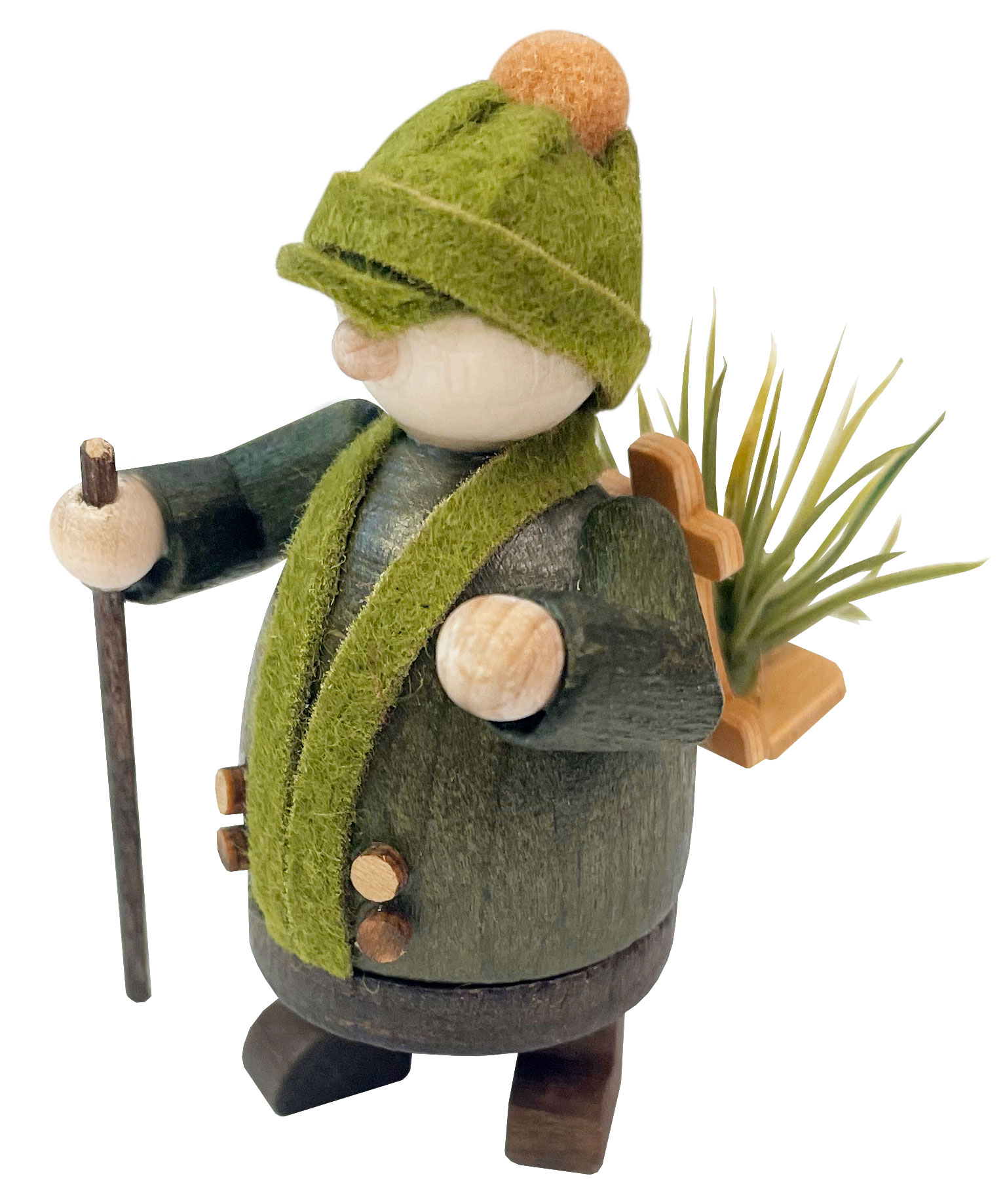 Figur, Walki, grün, Huckkorb mit Kräutern, Stock