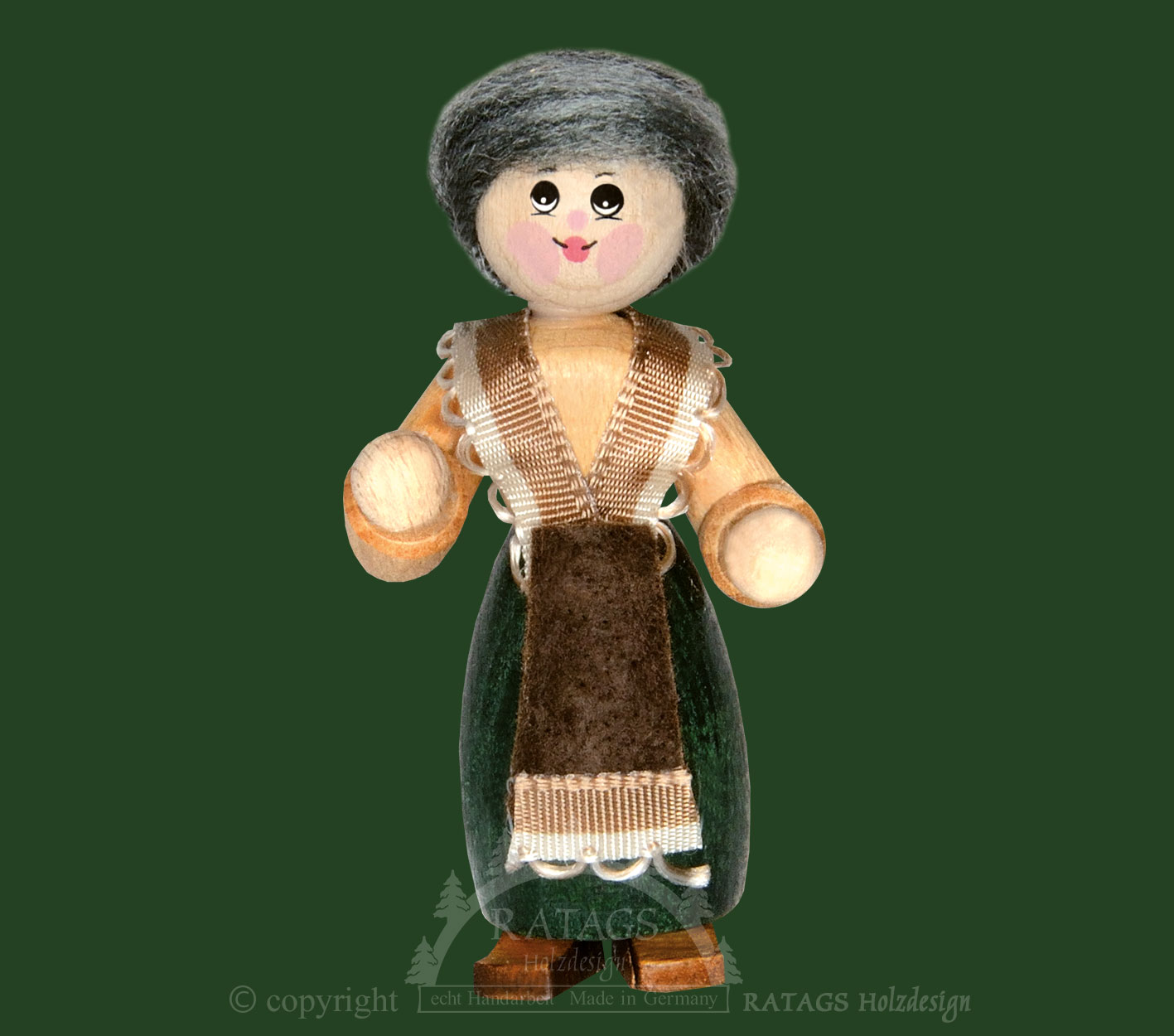 Muñequitas de colección, abuela con delantal, pelo gris, moño.