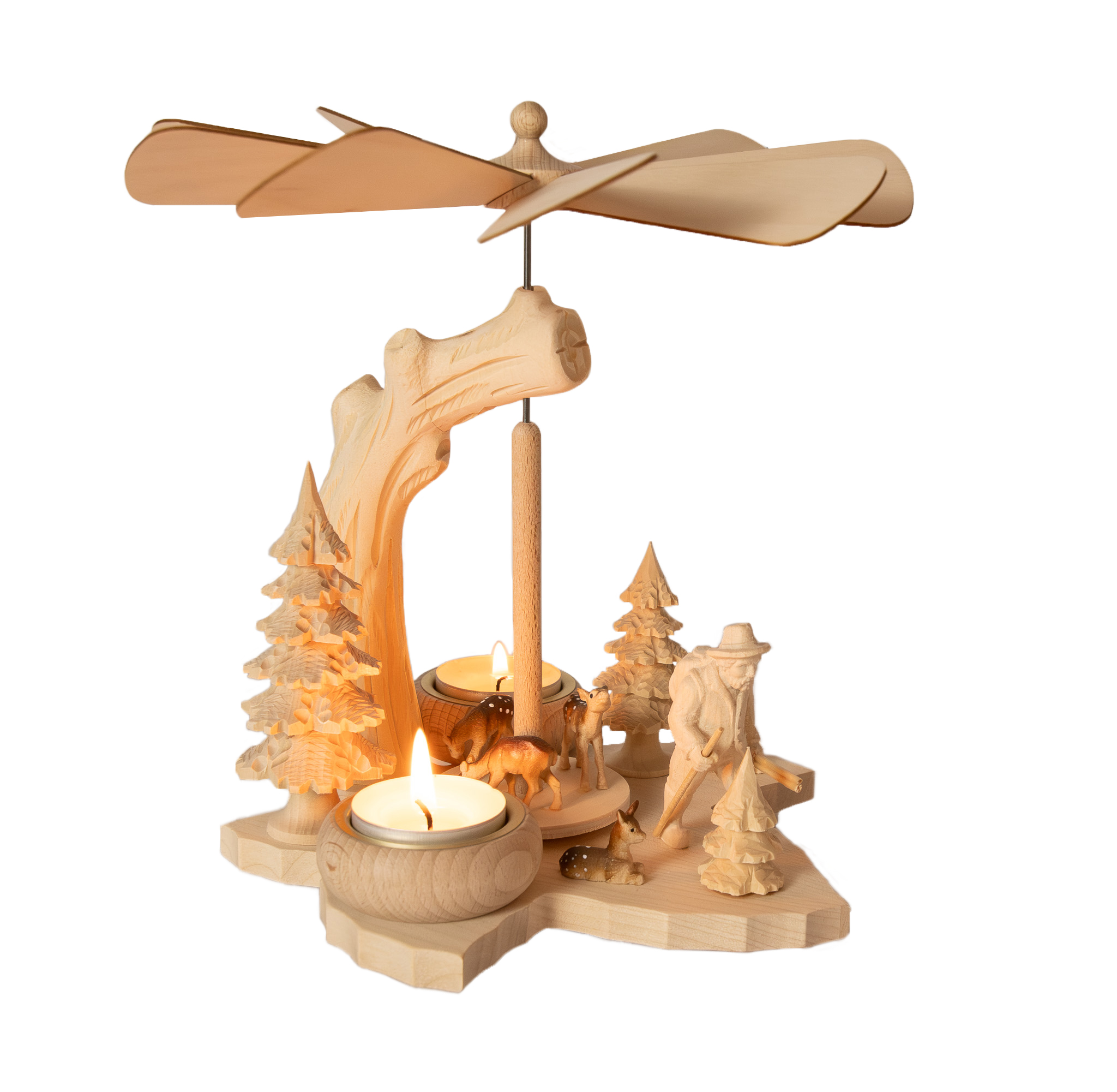 Blattpyramide, Förster mit Rehen massiv, geschnitzt, Rehe