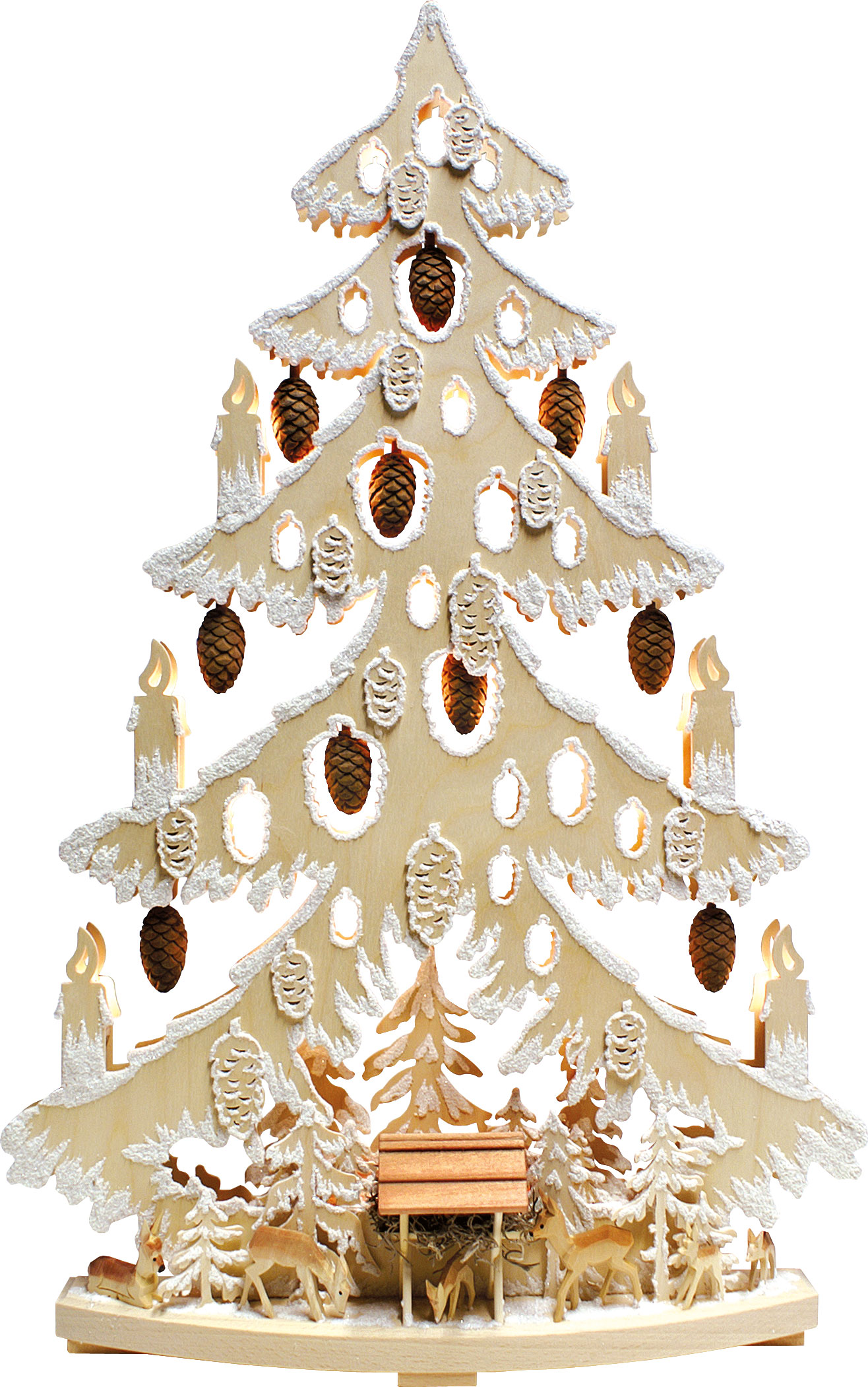 Large fir tree, carved cones, feeding station, hoarfrost