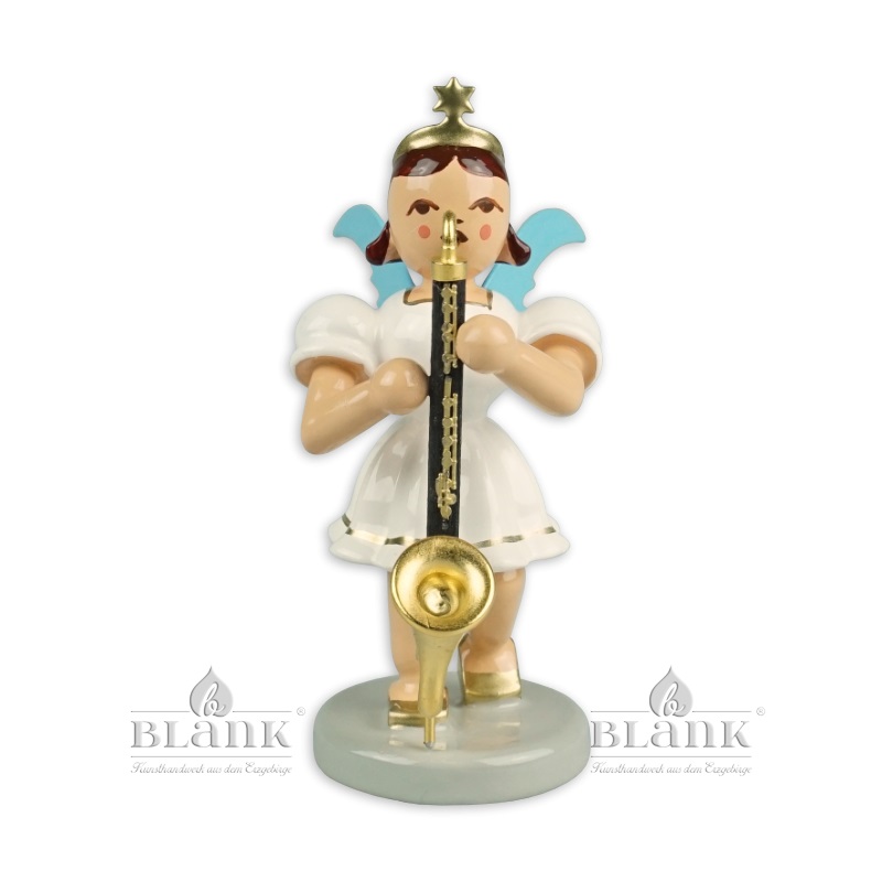 Short-skirted angel with bass clarinet, coloured, H 7 cm