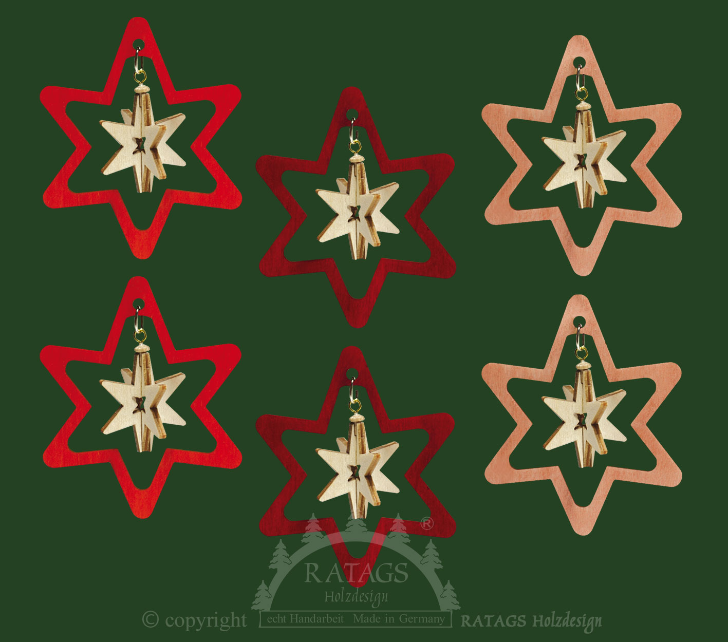 Tree decoration, set of 6, 3D star in coloured star