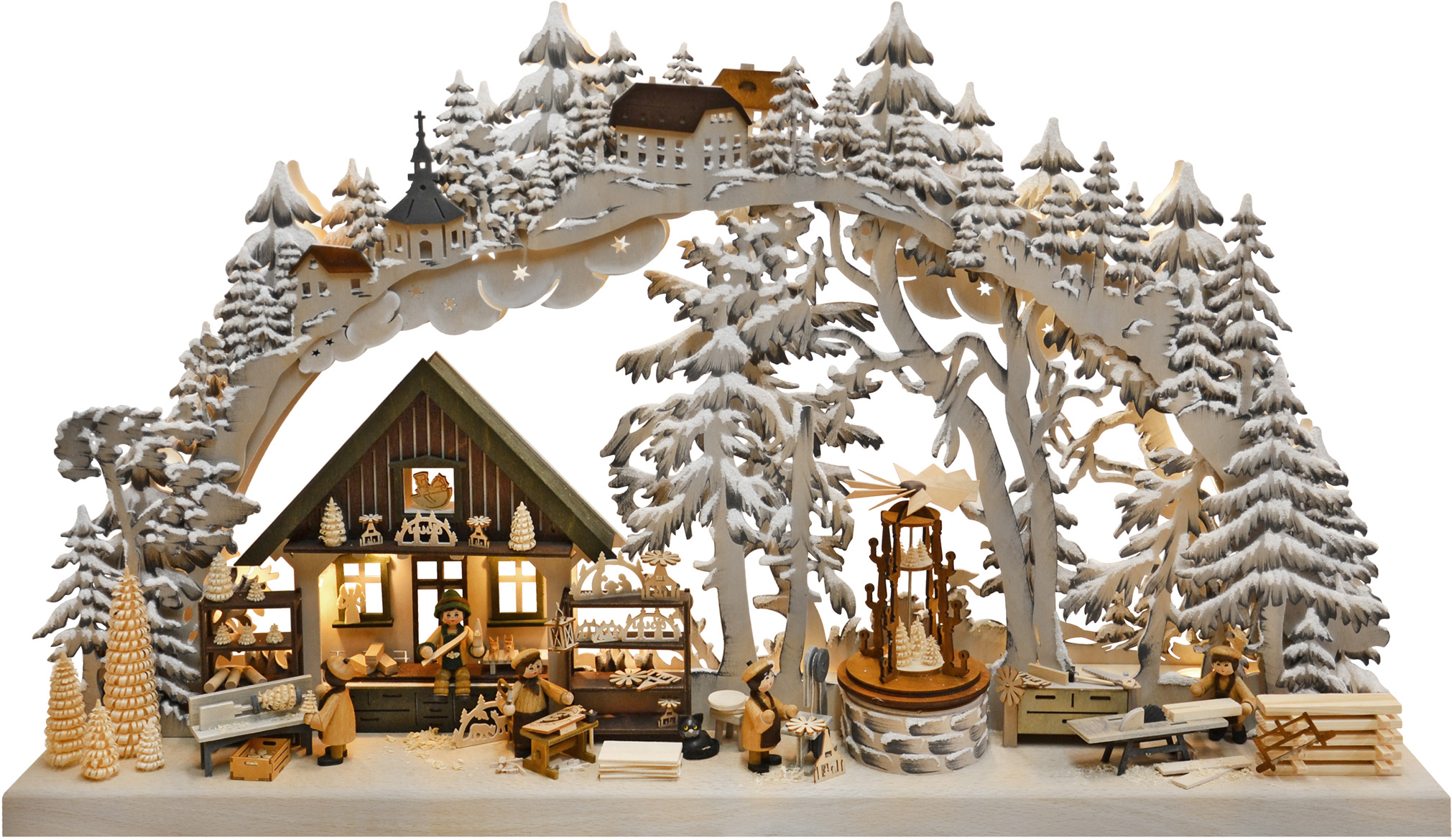 Large 3D Schwibbogen, Erzgebirge handicraft, hand-painted grey, hoarfrost,