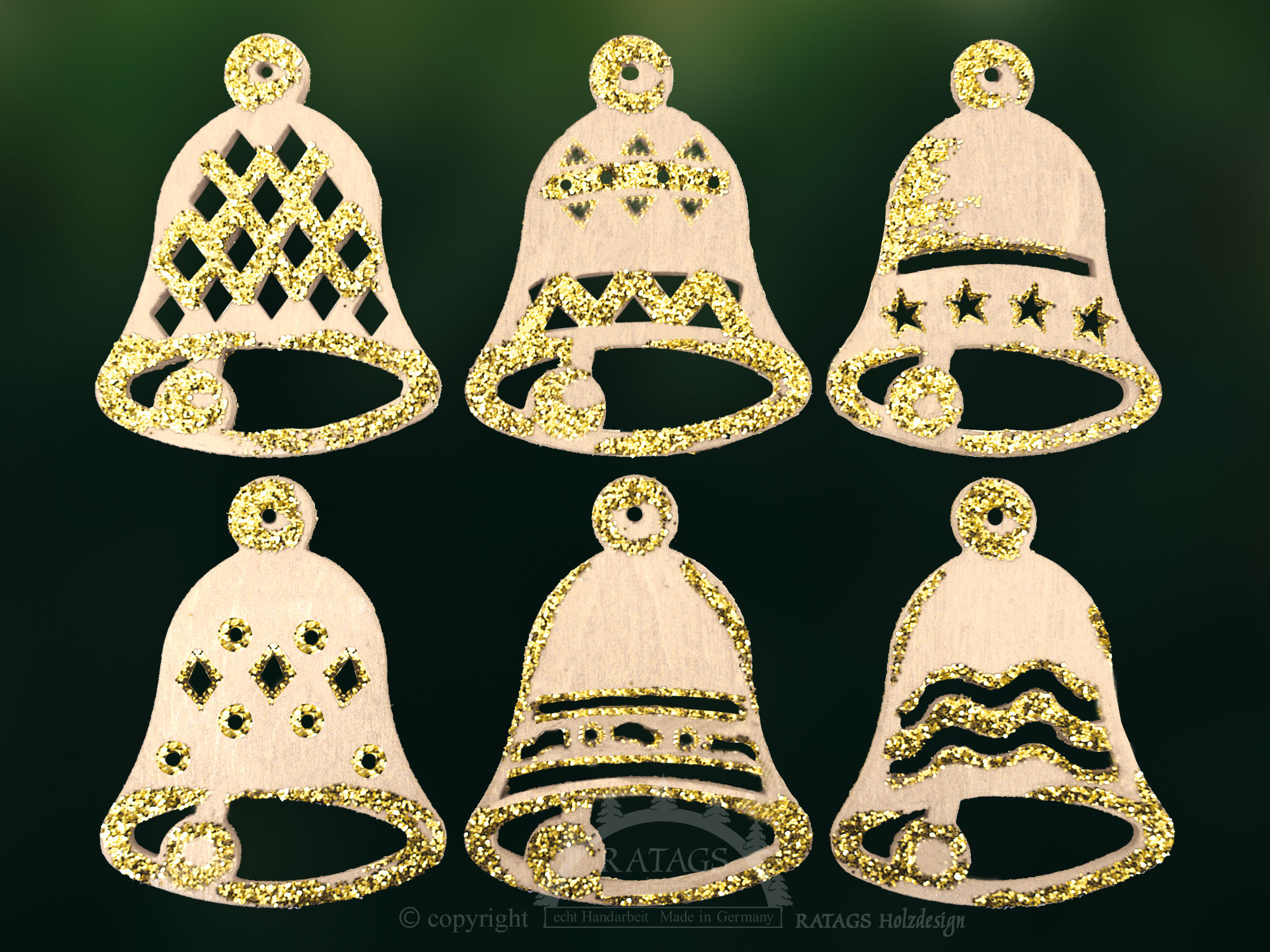 Tree decorations, set of 6, bells, natural gold