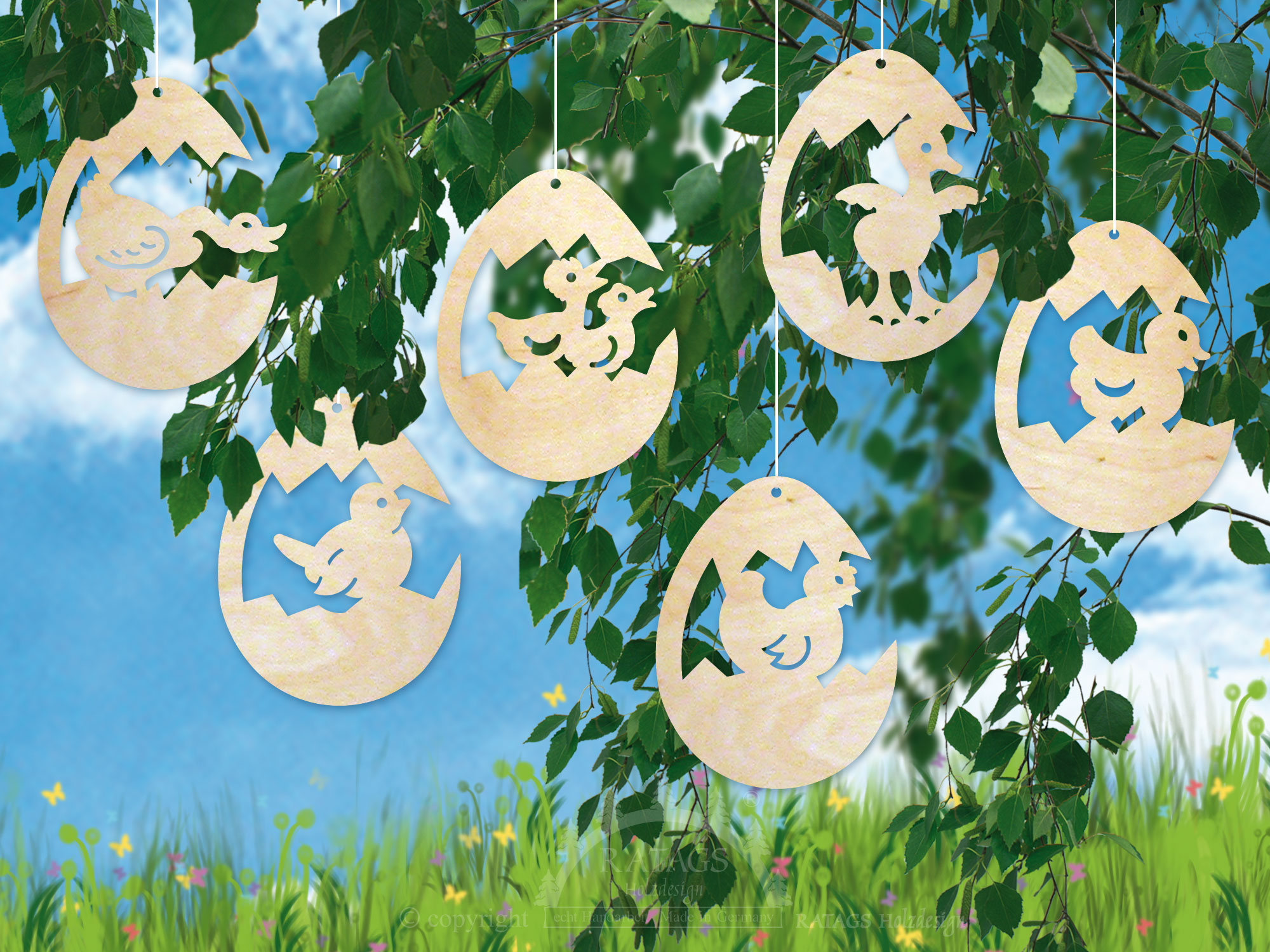 Tree decorations, set of 6, Easter motifs