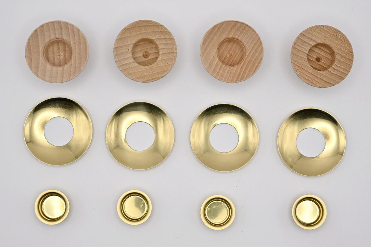 Wooden sleeve with brass insert, set of 4 candle holders complete with drip catchers