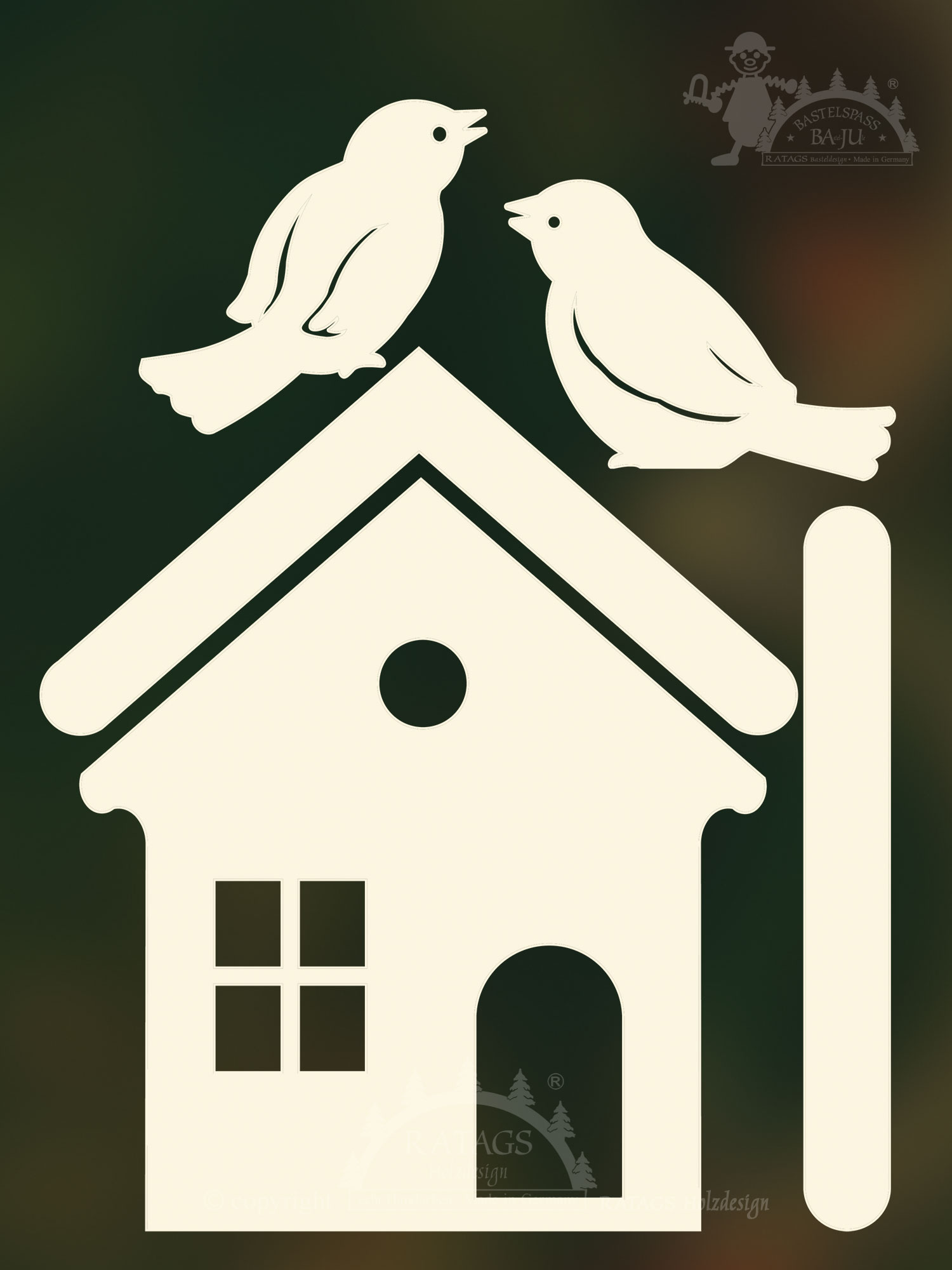 Fensterbild, zum Basteln, Haus mit Vögeln, zum Aussägen Fensterbild, zum Basteln, Haus mit Vögeln, zum Aussägen