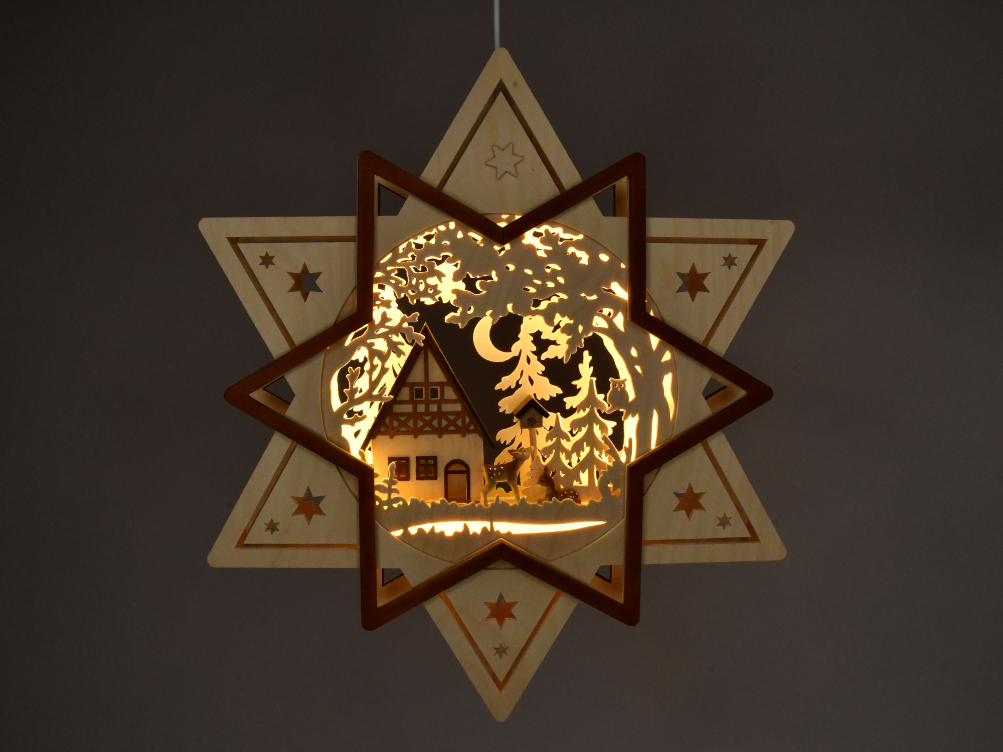 Fensterbild, beleuchtet, Stern mit Haus, Wald und Rehen, Beleuchtung LED-Stripe