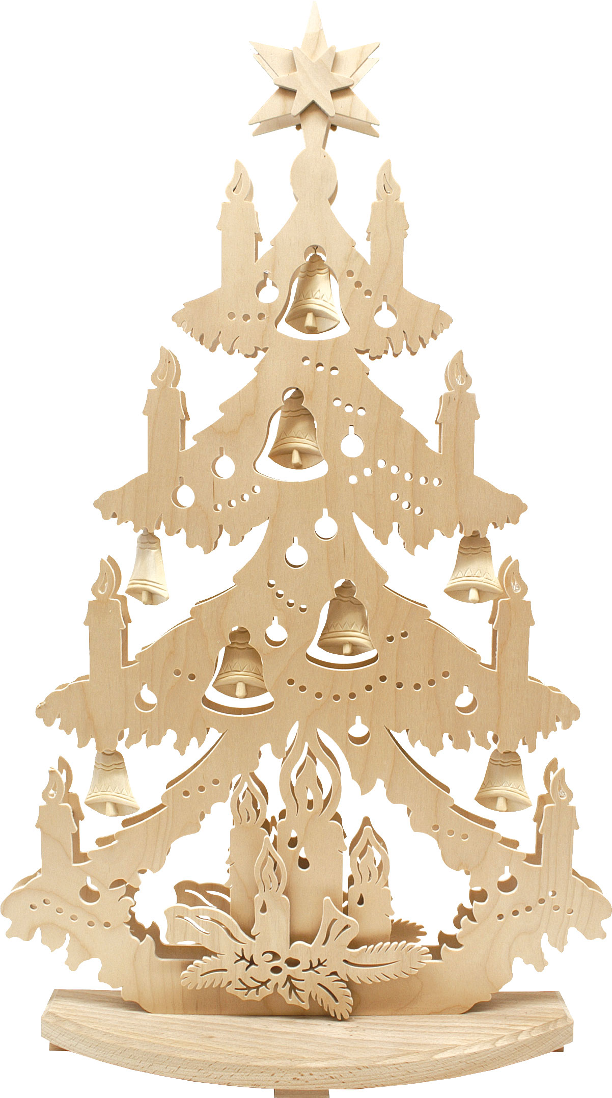 Large fir tree, candles, carved bells