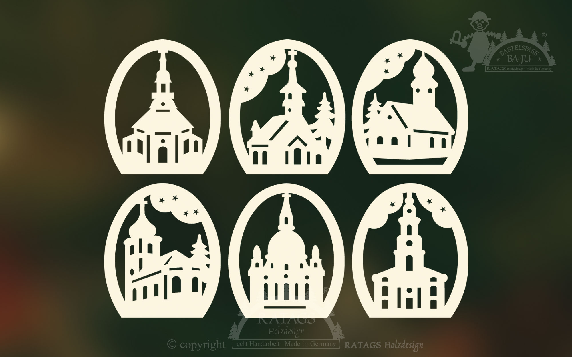 Tree decorations, set of 6, churches