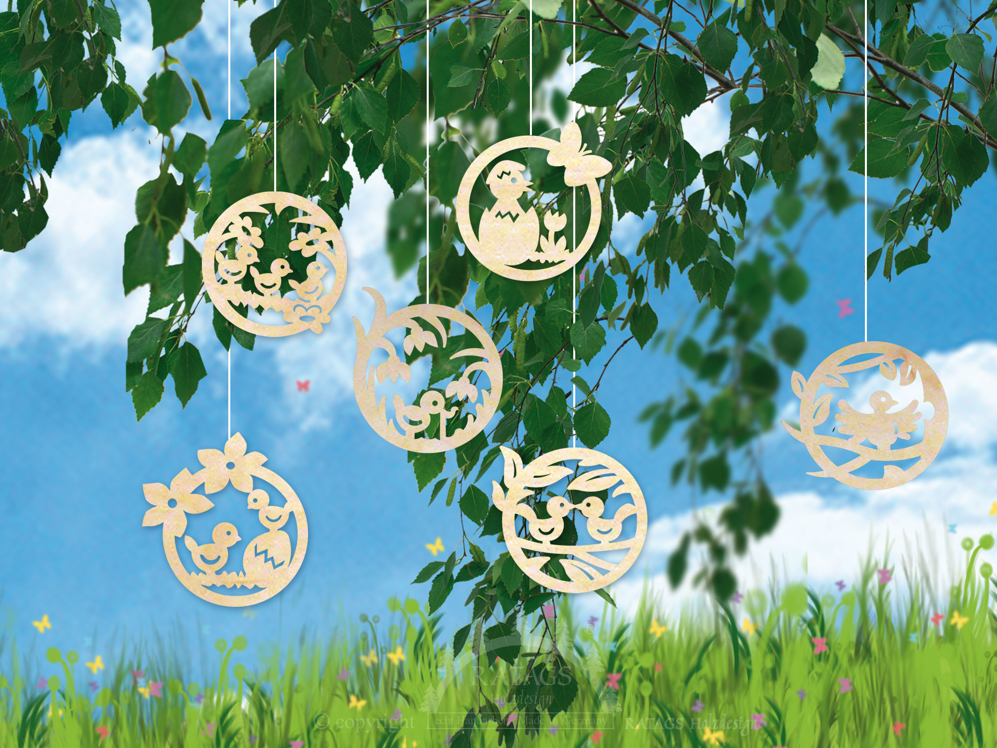 Tree decorations, set of 6, Easter motifs