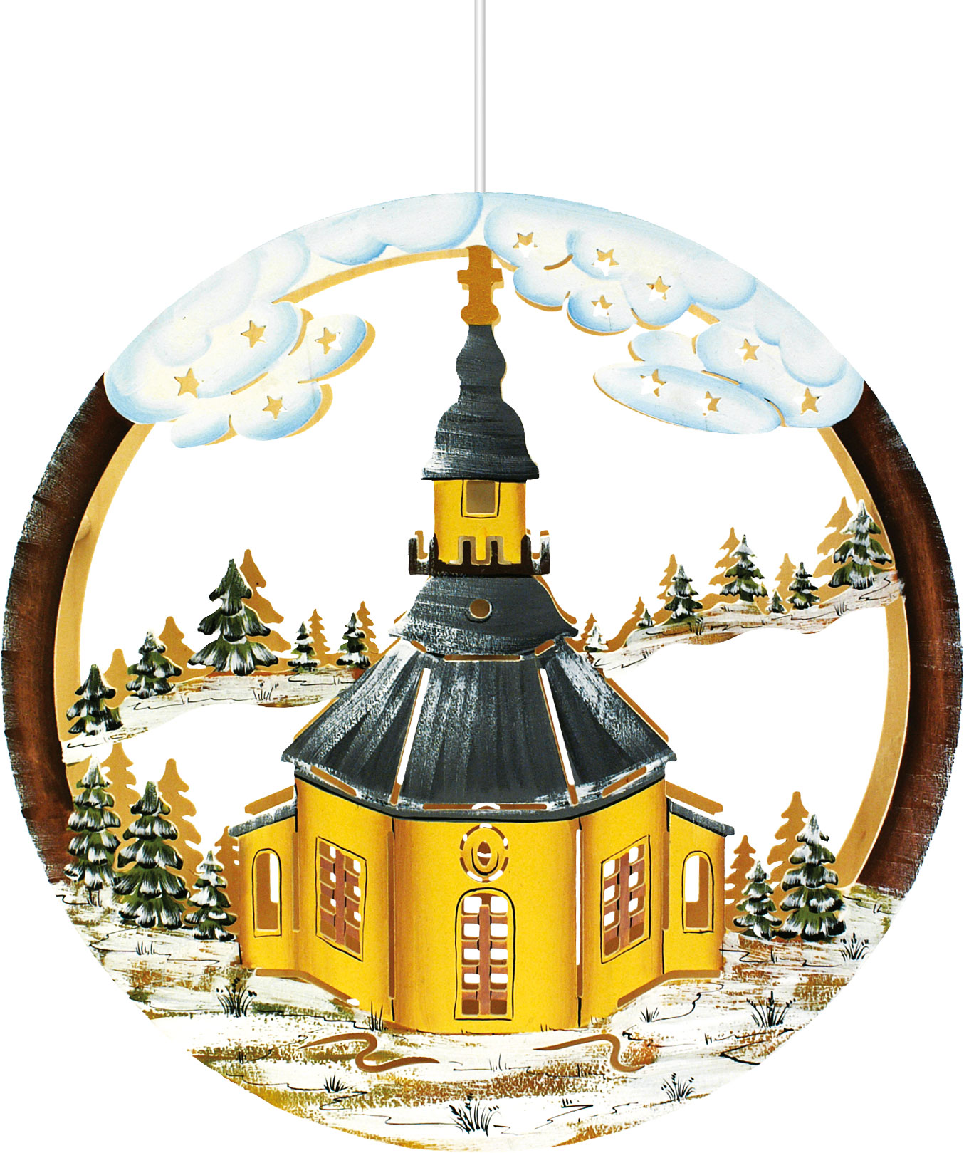 Window picture, illuminated, Seiffen church, hand-painted winter scene