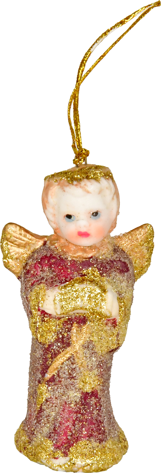 Ceramic angel, mini, with harmonica, for hanging or sticking, wine red/gold, glitter
