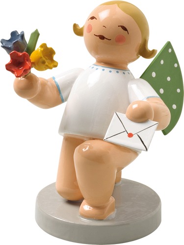 Engel mit Brief und Blumen, kniend blondes Haar