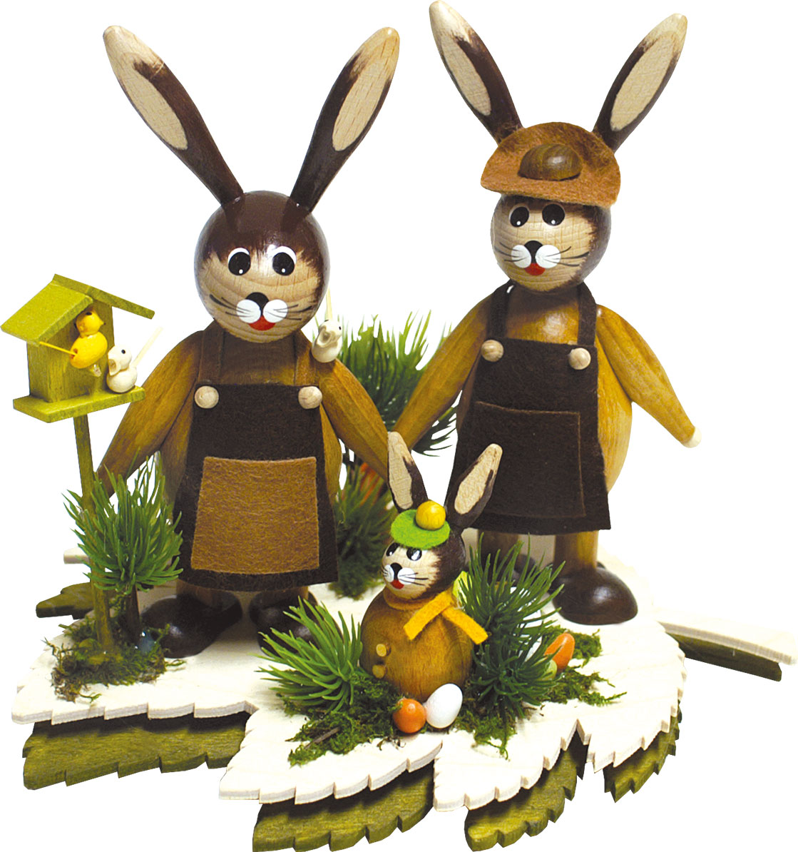 Rabbit family on a leaf by the birdhouse