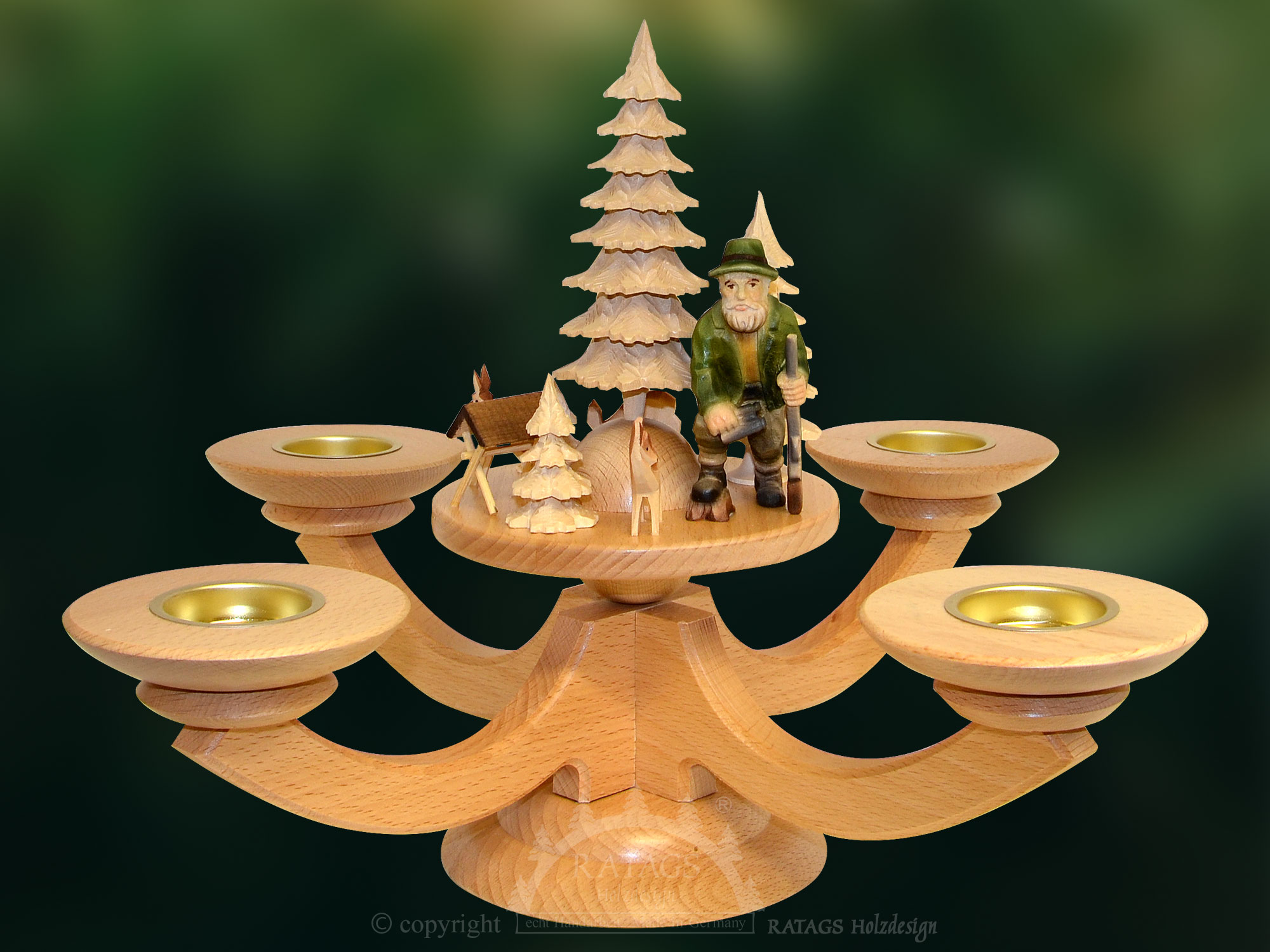 Vierarm-Tischleuchter natur, Figur Först Massivholzleuchter, 4 Teelichter