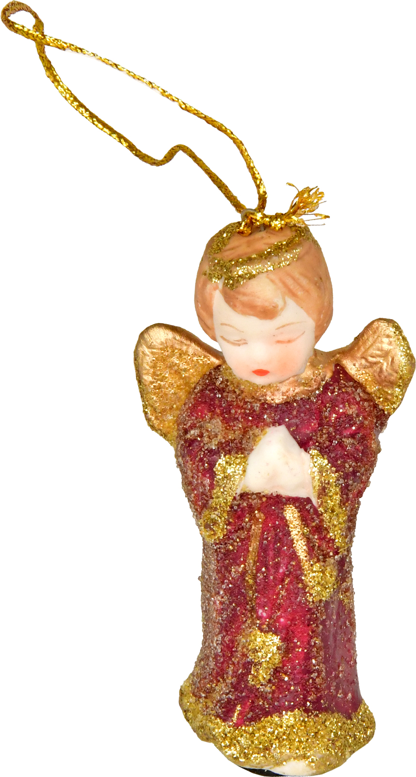Keramikengel, mini, betend, zum Hängen o. Stecken, Weinrot/Gold, Glitter