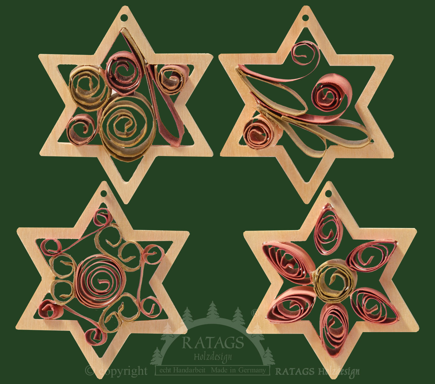 Tree decorations for crafting, set of 4 wooden flowers, height approx. 6 cm