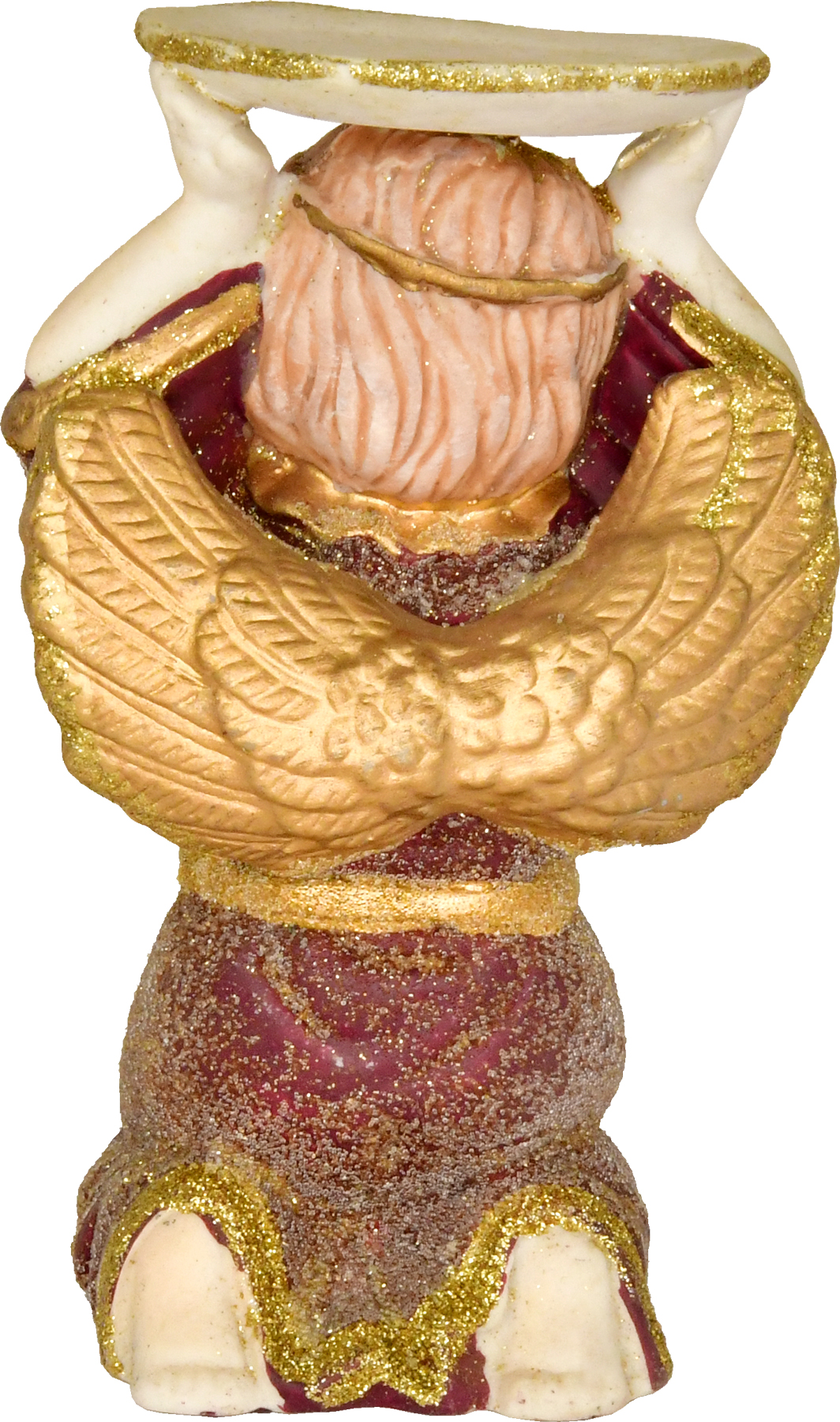 Ceramic angel, kneeling with bowl, wine red/gold, glitter