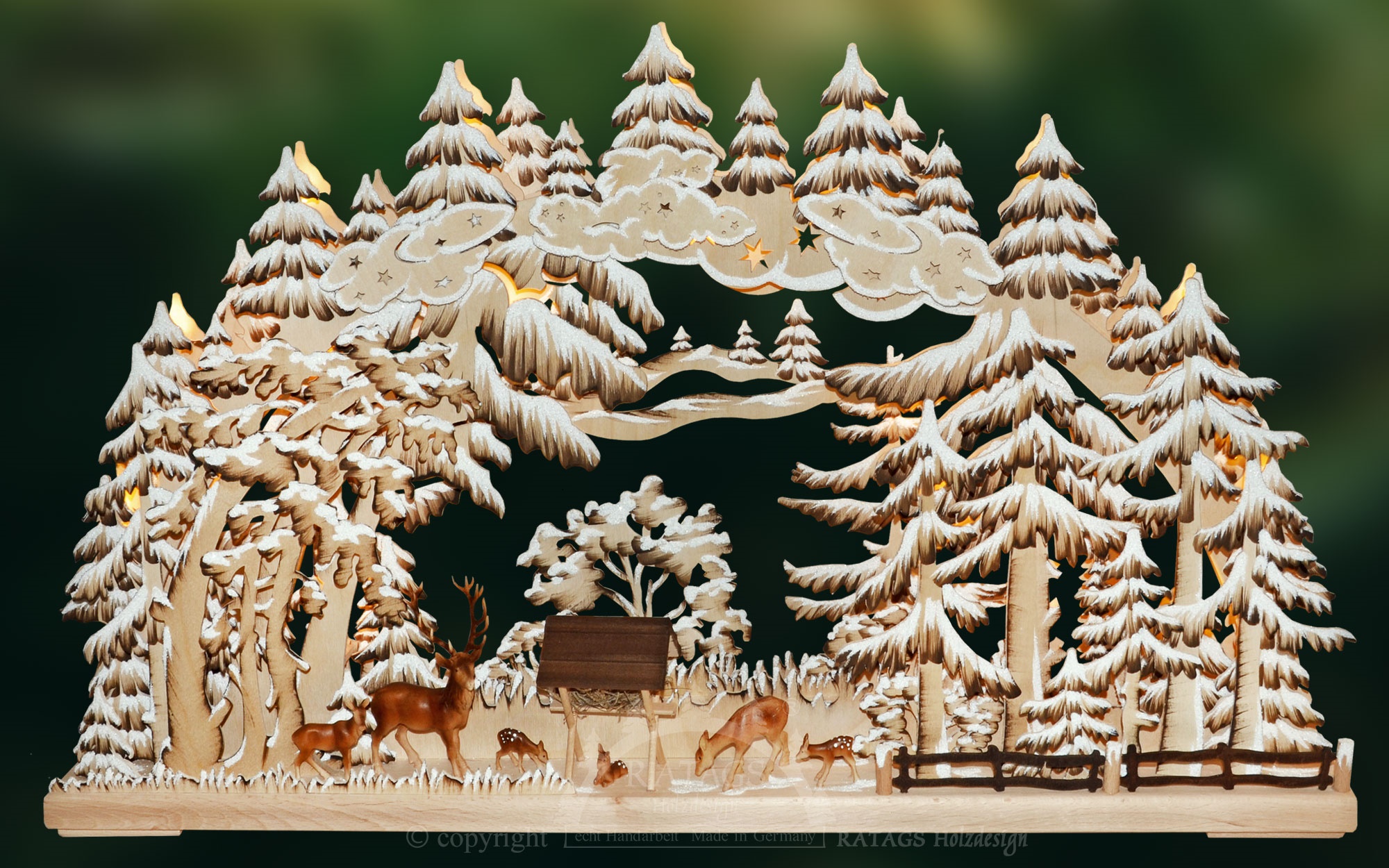 Arco luminoso 3D grande, ciervos en el bosque, var. 3, pintado a mano, marrón, escarcha