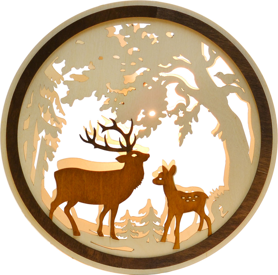 Fensterbild, beleuchtet, Hirsch und Reh braun-natur, rund