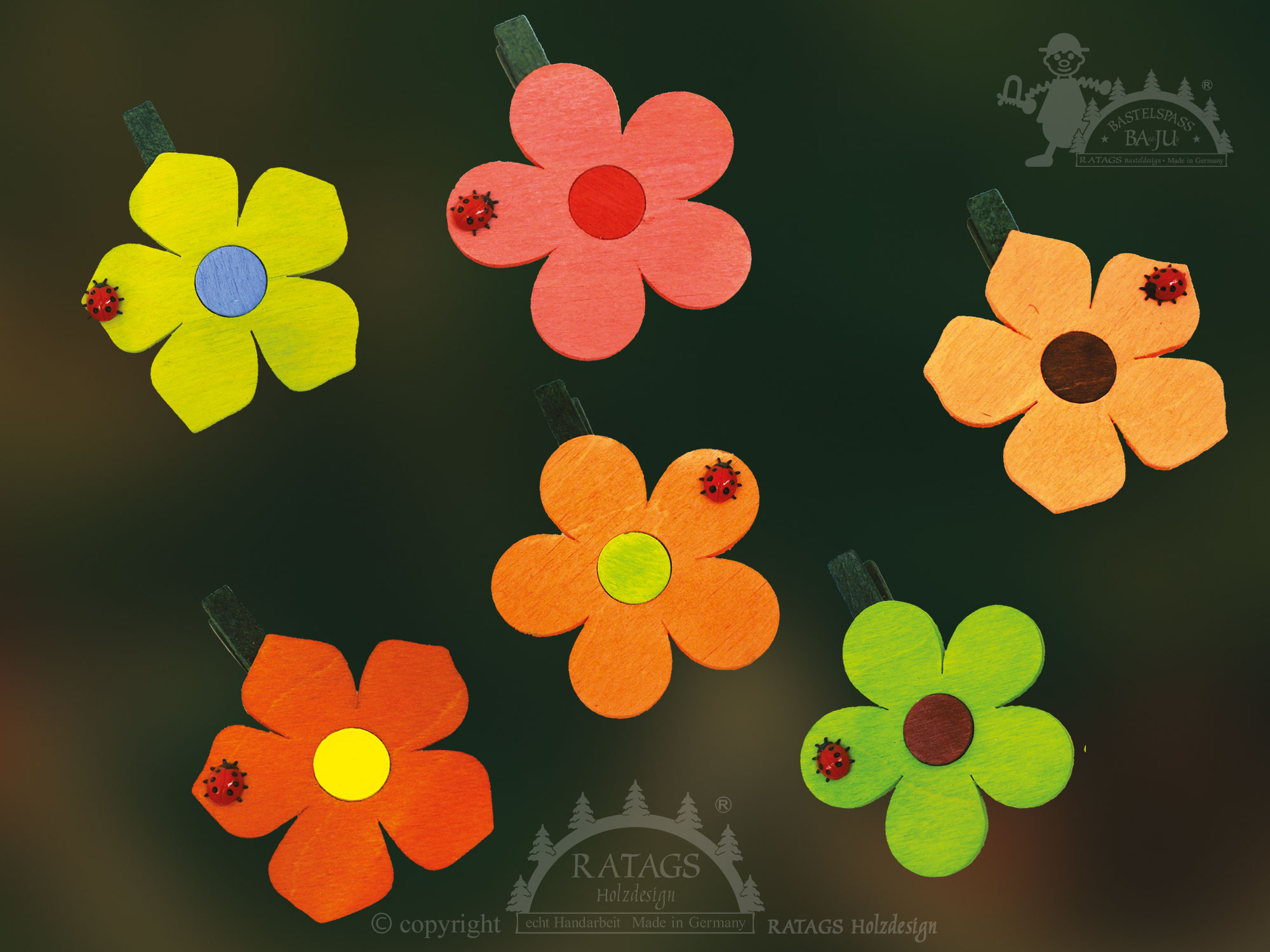 Pin-on flowers for crafting, with clips, set of 6