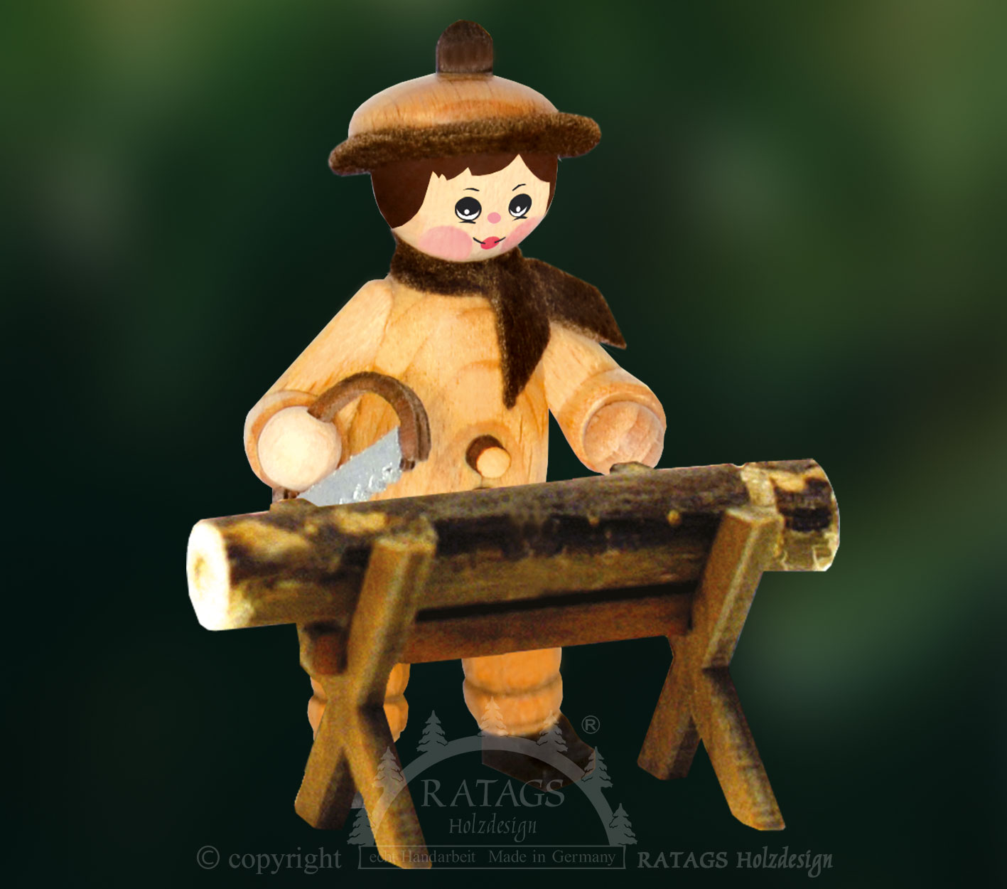 Figur, Waldarbeiter am Sägebock mit Säge, natur