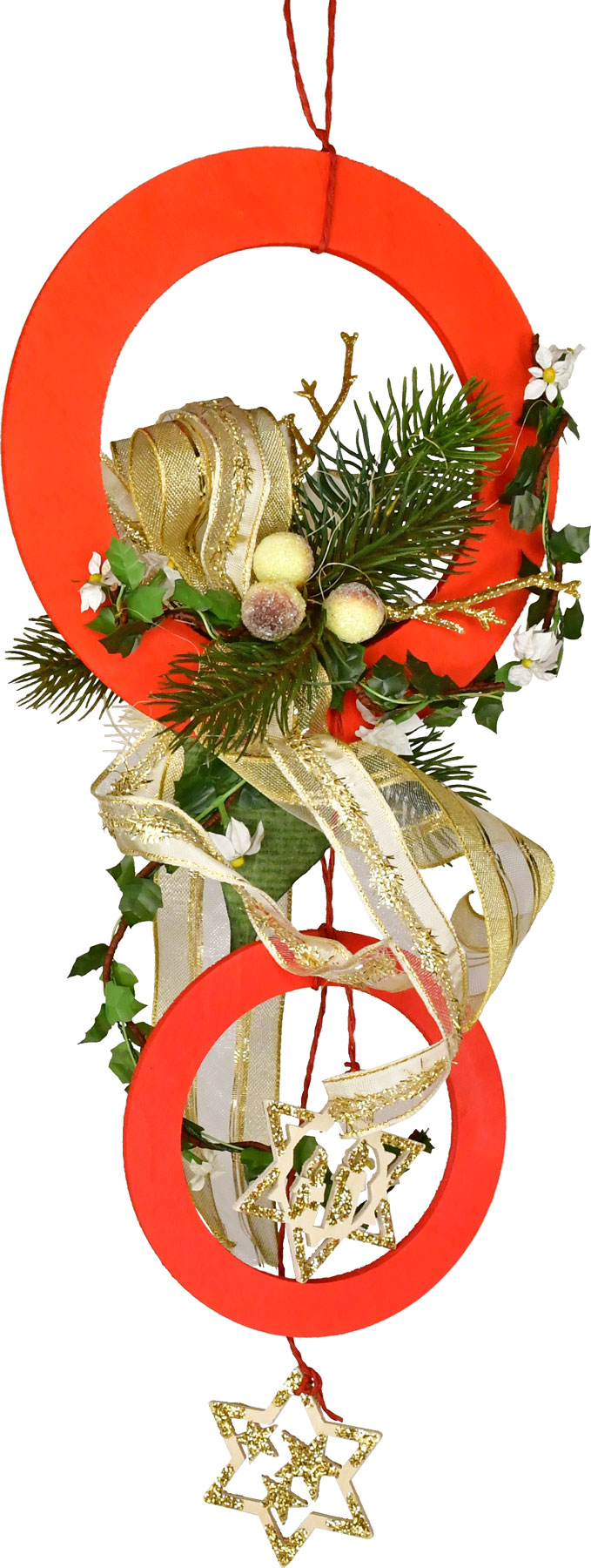 Red rings, red and gold star, decorated with flowers