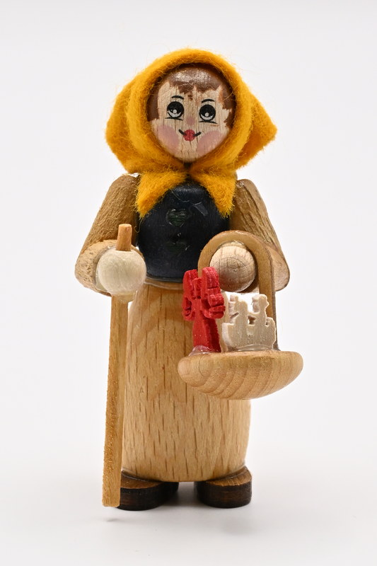 Figur, Frau Erzgebirgshändlerin gelb/blau, H 5,5 cm