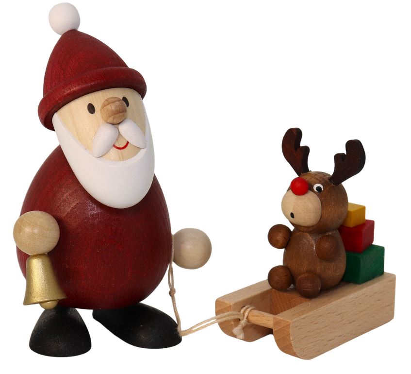 Weihnachtsmann mit Elch auf Schlitten