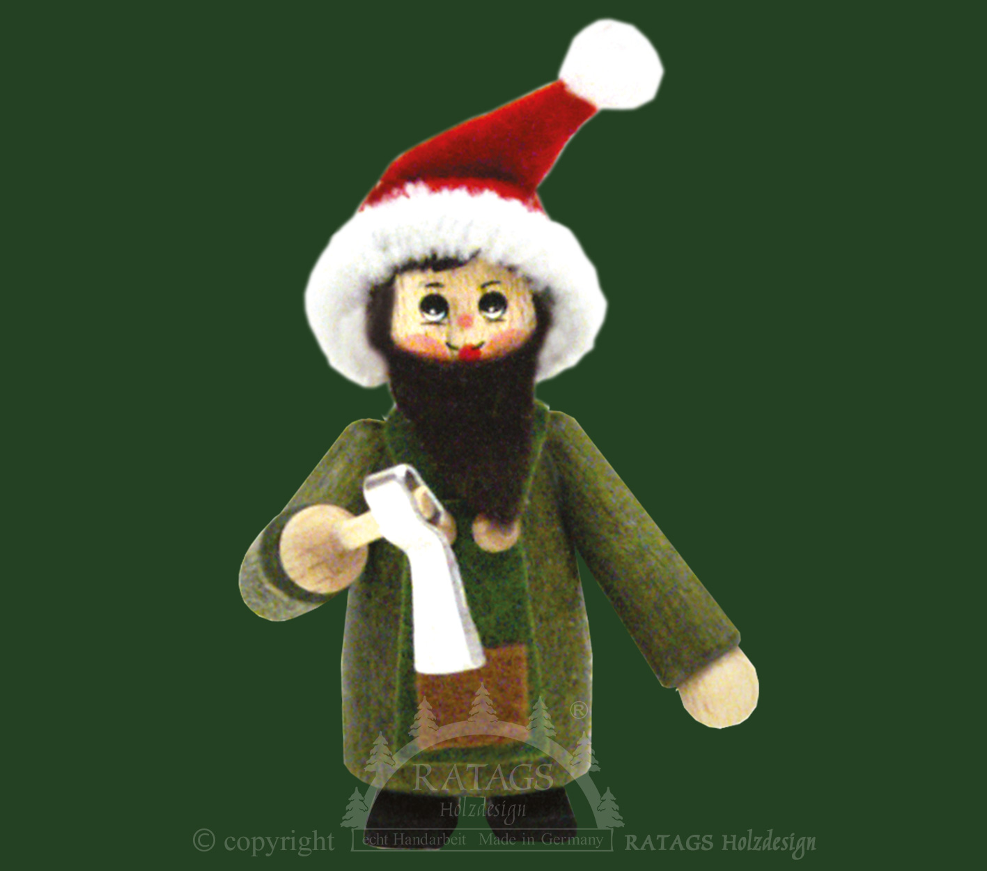 Figure, elf with red Santa hat, axe, green