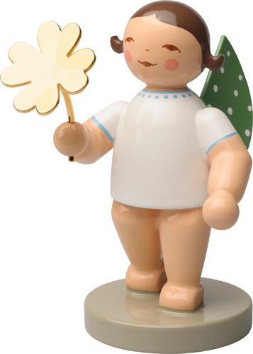 Glücksbote, Engel mit Kleeblatt vergoldet, dunkles Haar