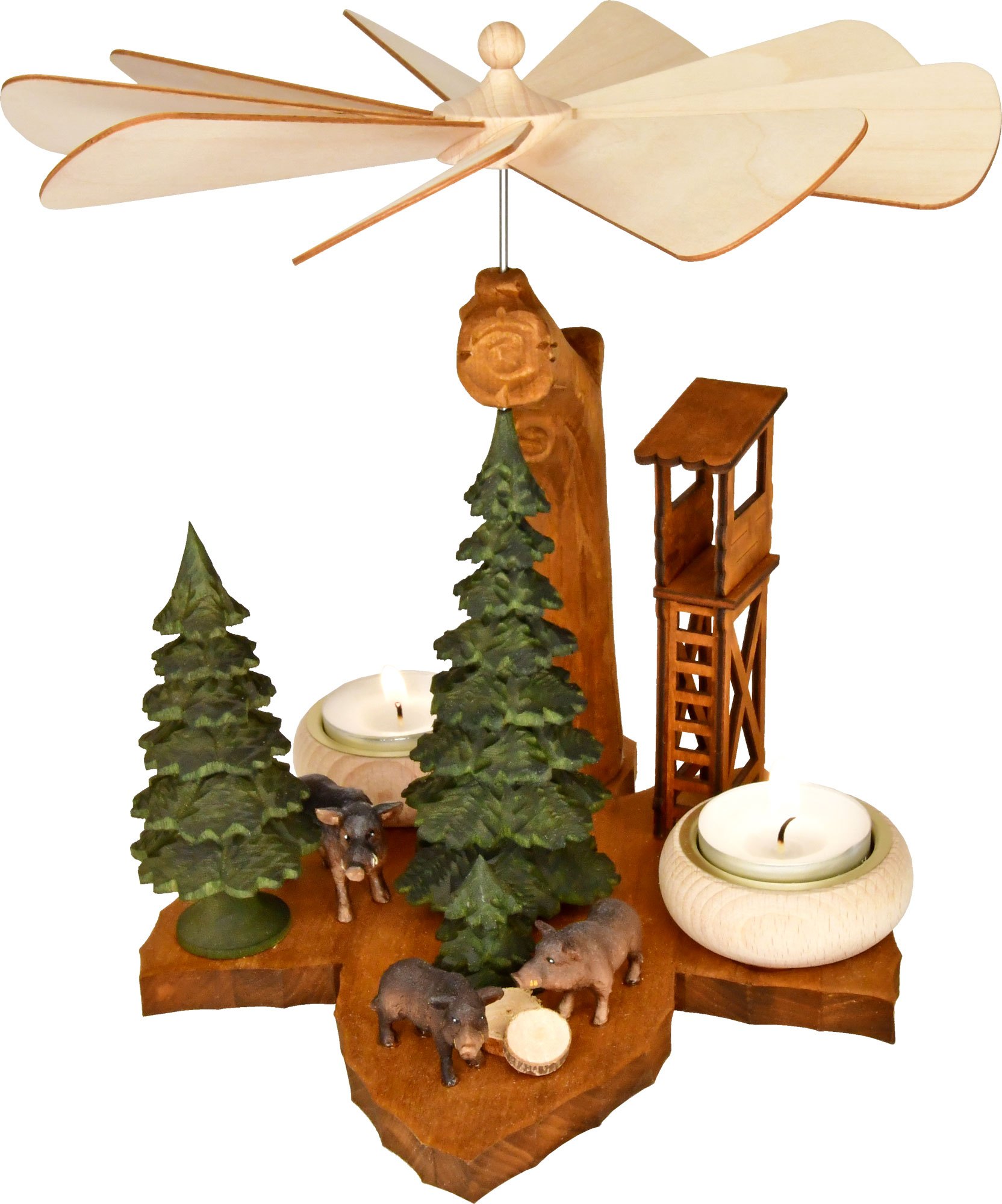 Solid wood leaf pyramid, wild boar 2 tealight holders
