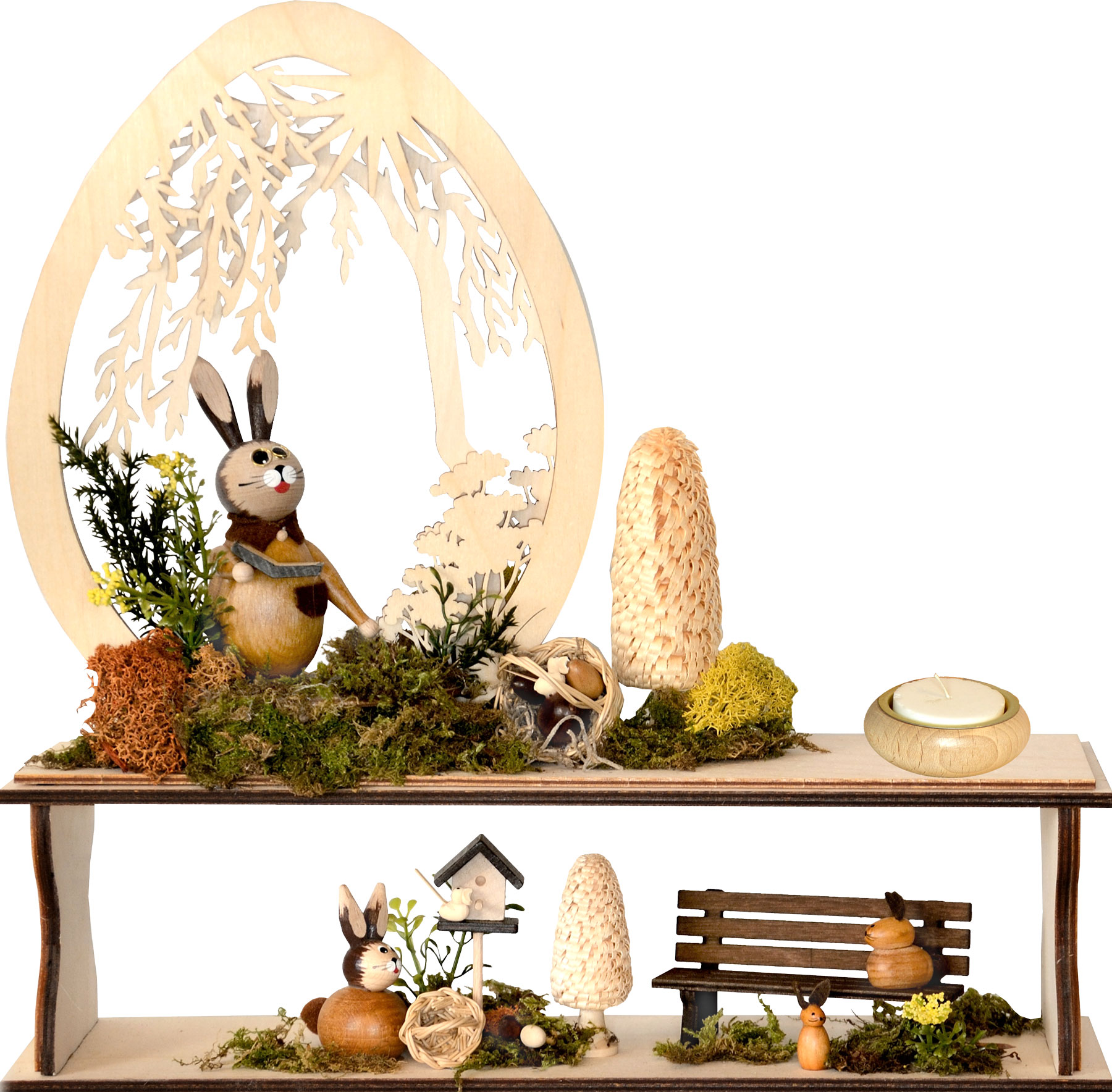 Decorative shelf with sawn egg, tea light