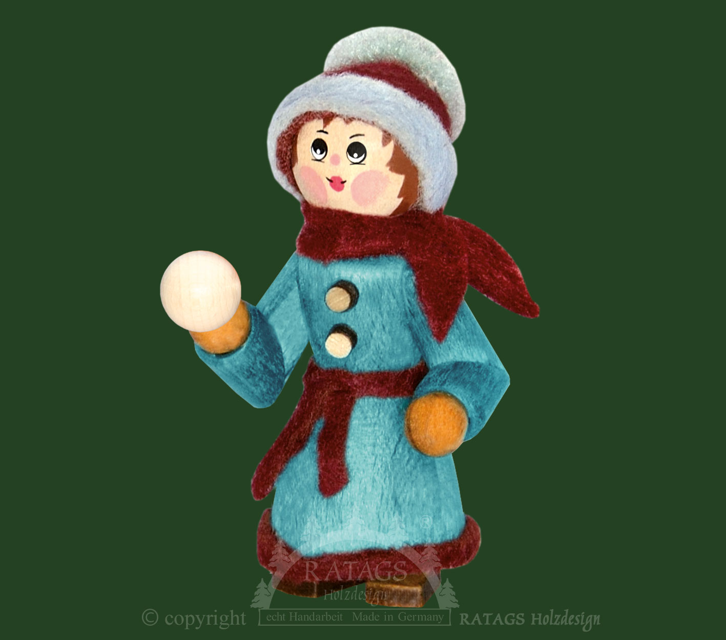Figur, Schneeballwerferin mit Pelz, bordeaux, blau