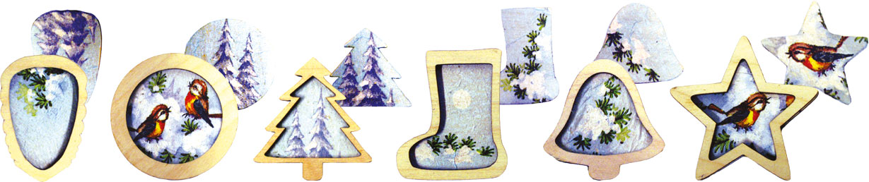 Tree decorations for crafting, set of 6, decoupage technique