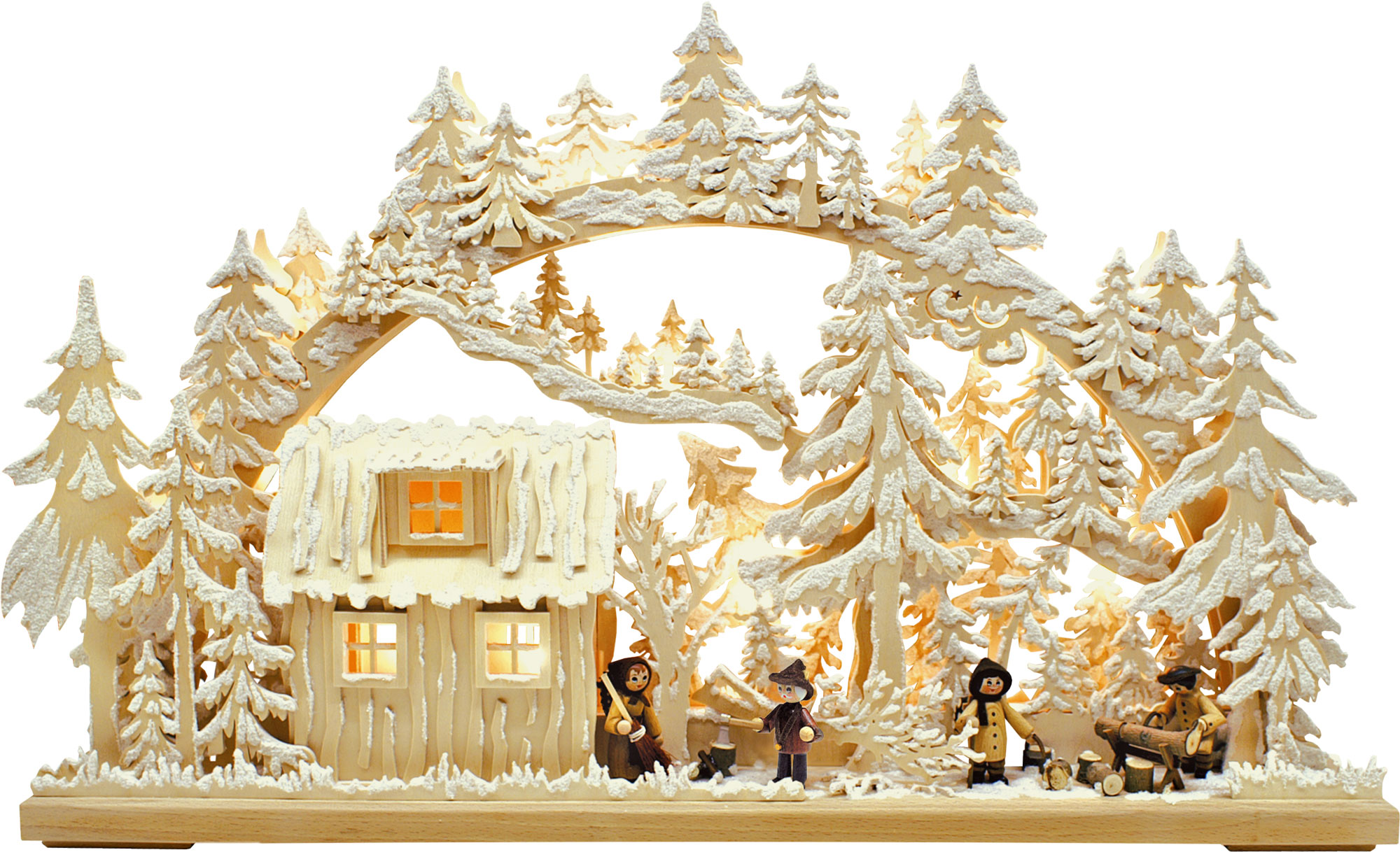 3D-ljusbåge, medelstor, timmerstuga med skogsarbetare, rimfrost