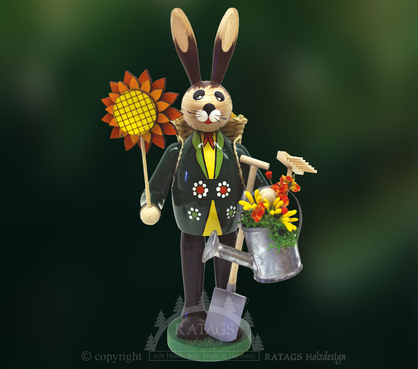 Osterhase, grün, Gießkanne und Blume