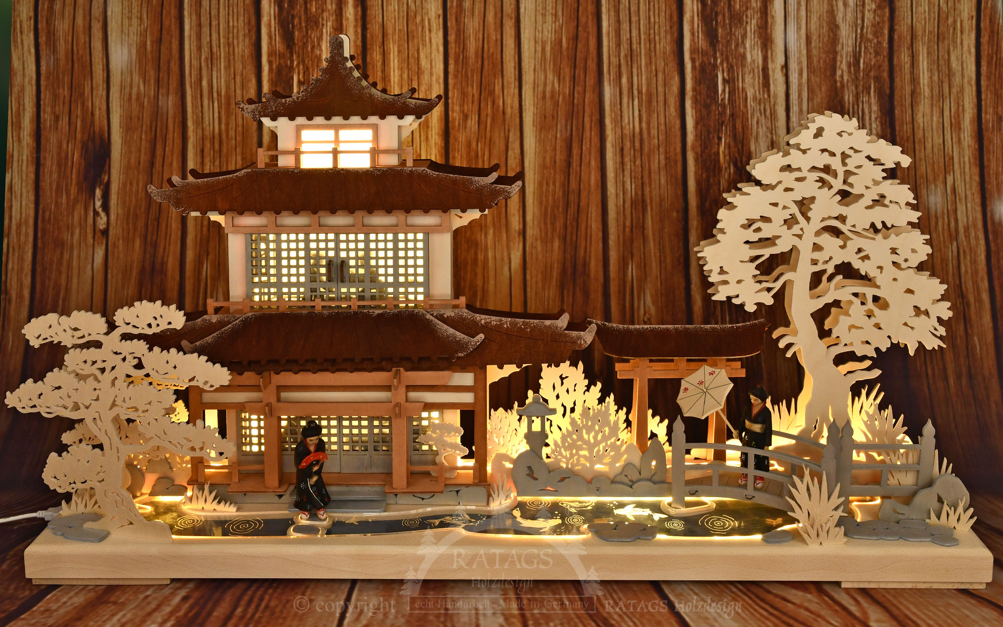 3D-ljusbåge Japan, stor, USB, naturlig sockel, rosé, LED-remsa, akrylglas