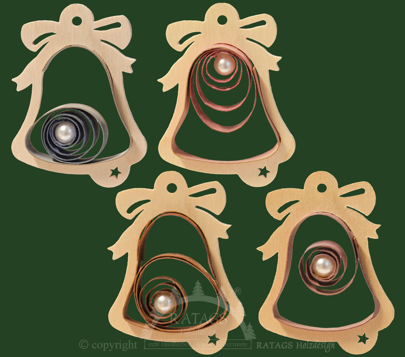 Tree decorations for crafting, set of 4 wooden bells, height approx. 6.5 cm