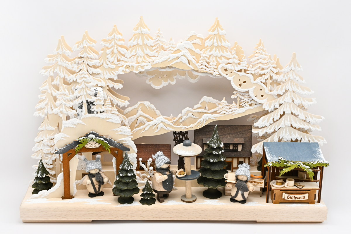 Small 3D candle arch, mountain Christmas scene with hoarfrost