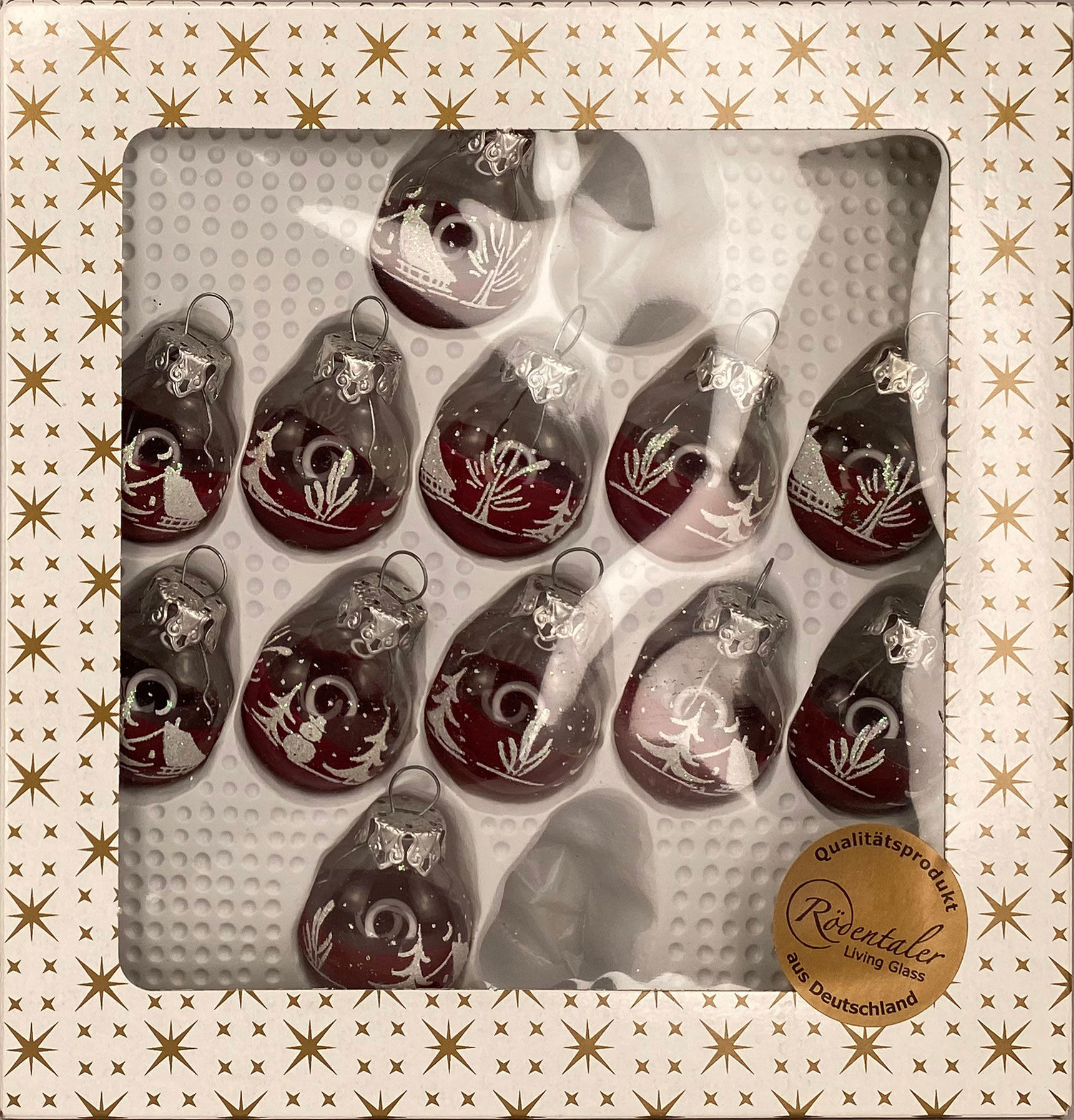 Glass baubles, red houses, 12 pieces, 3 cm