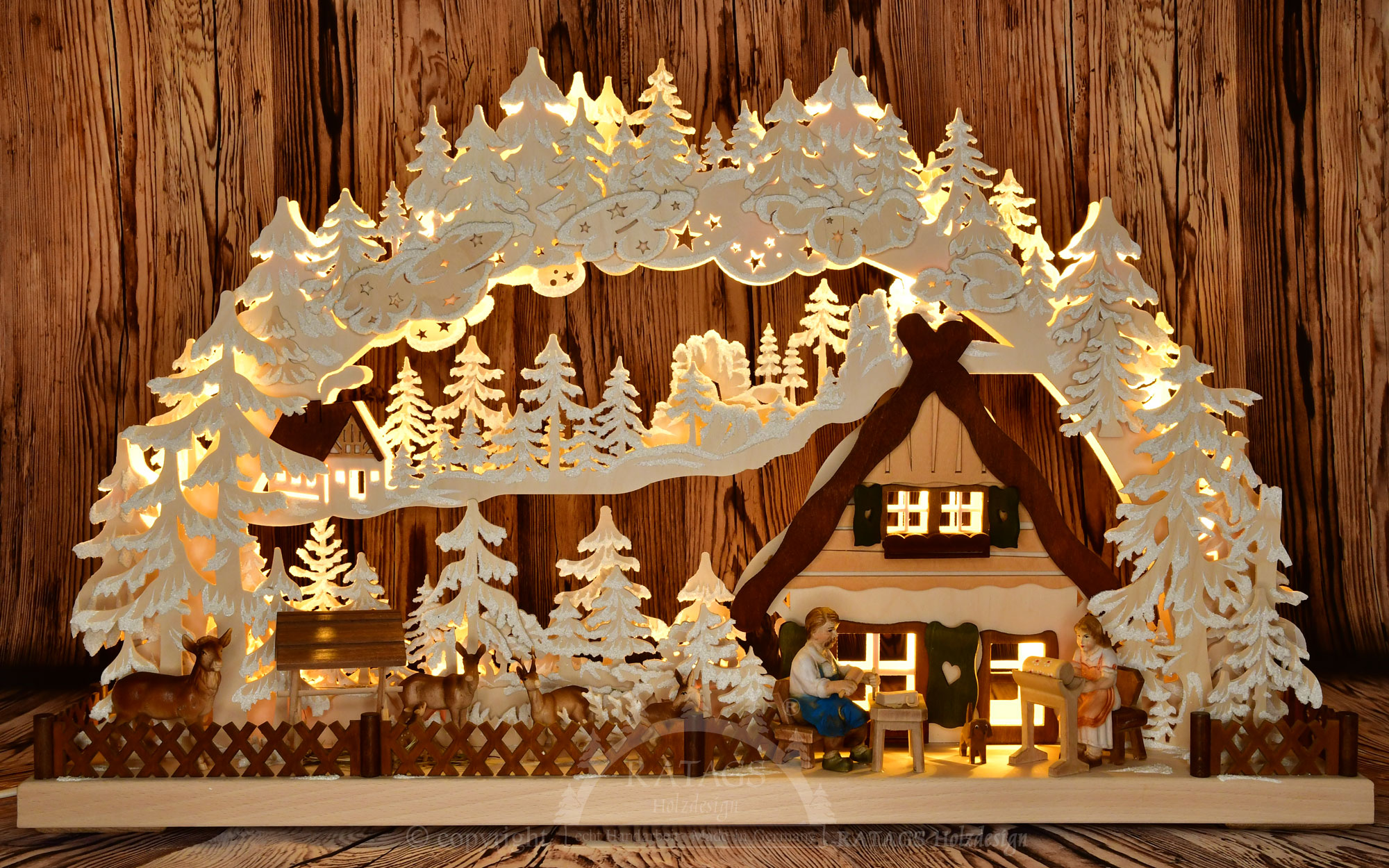 Large 3D Schwibbogen, craftsmen at the game reserve, hoarfrost