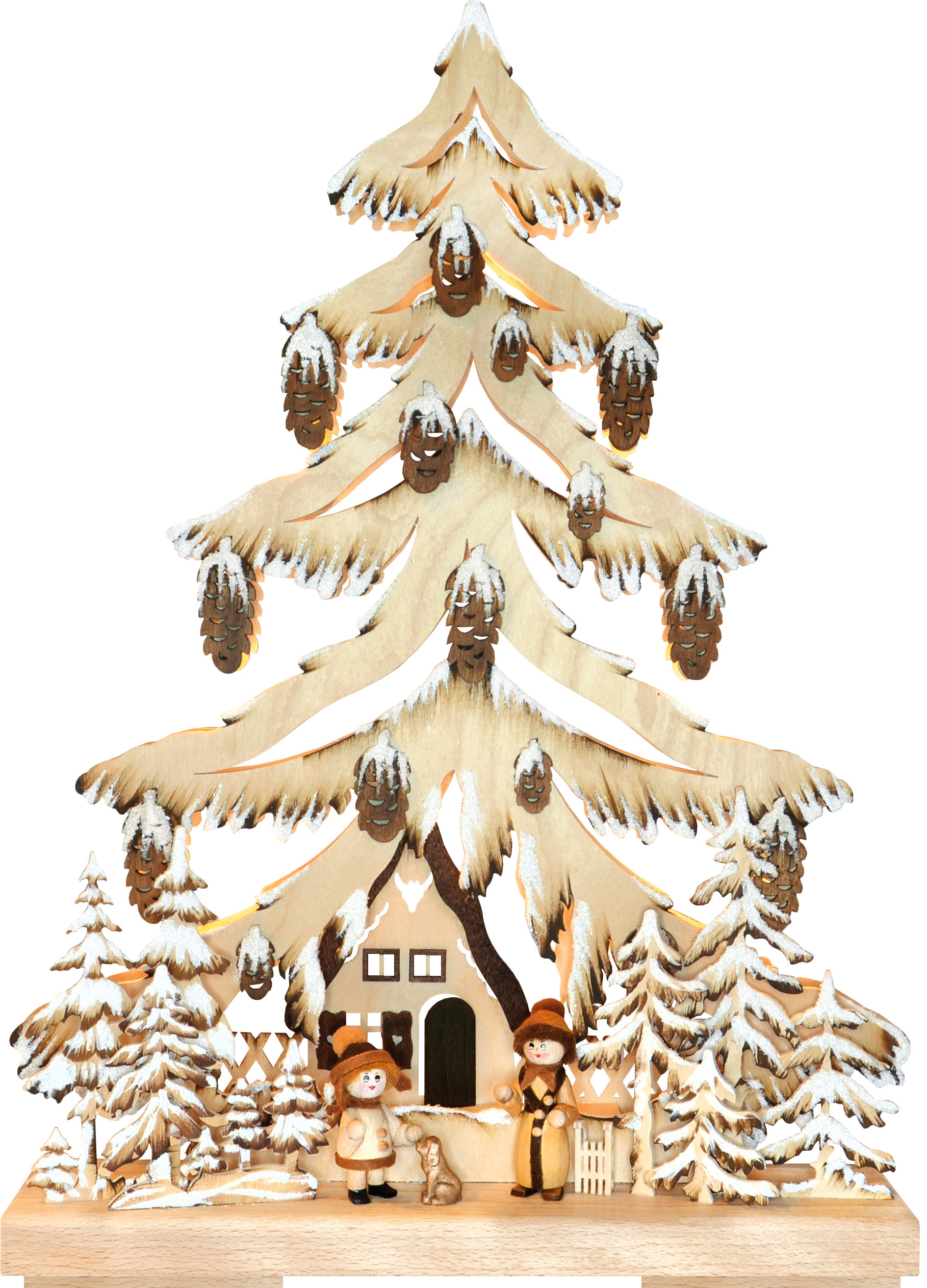 Small fir tree, woman and girl with dog, brown, hoarfrost